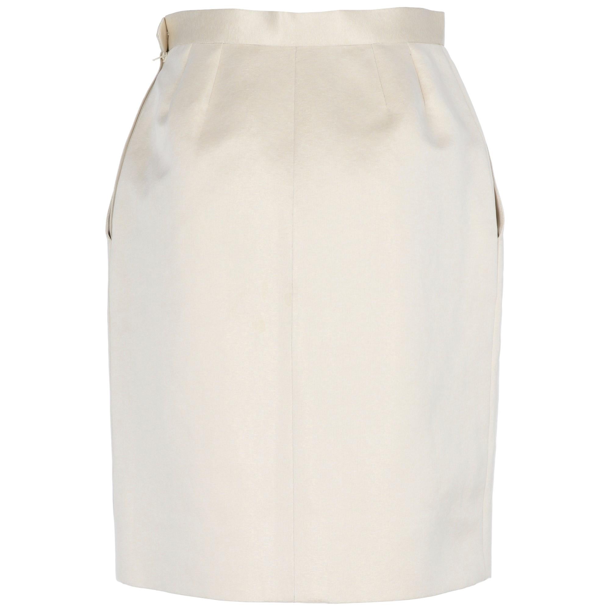 White 1980s Yves Saint Laurent Silk Midi Skirt