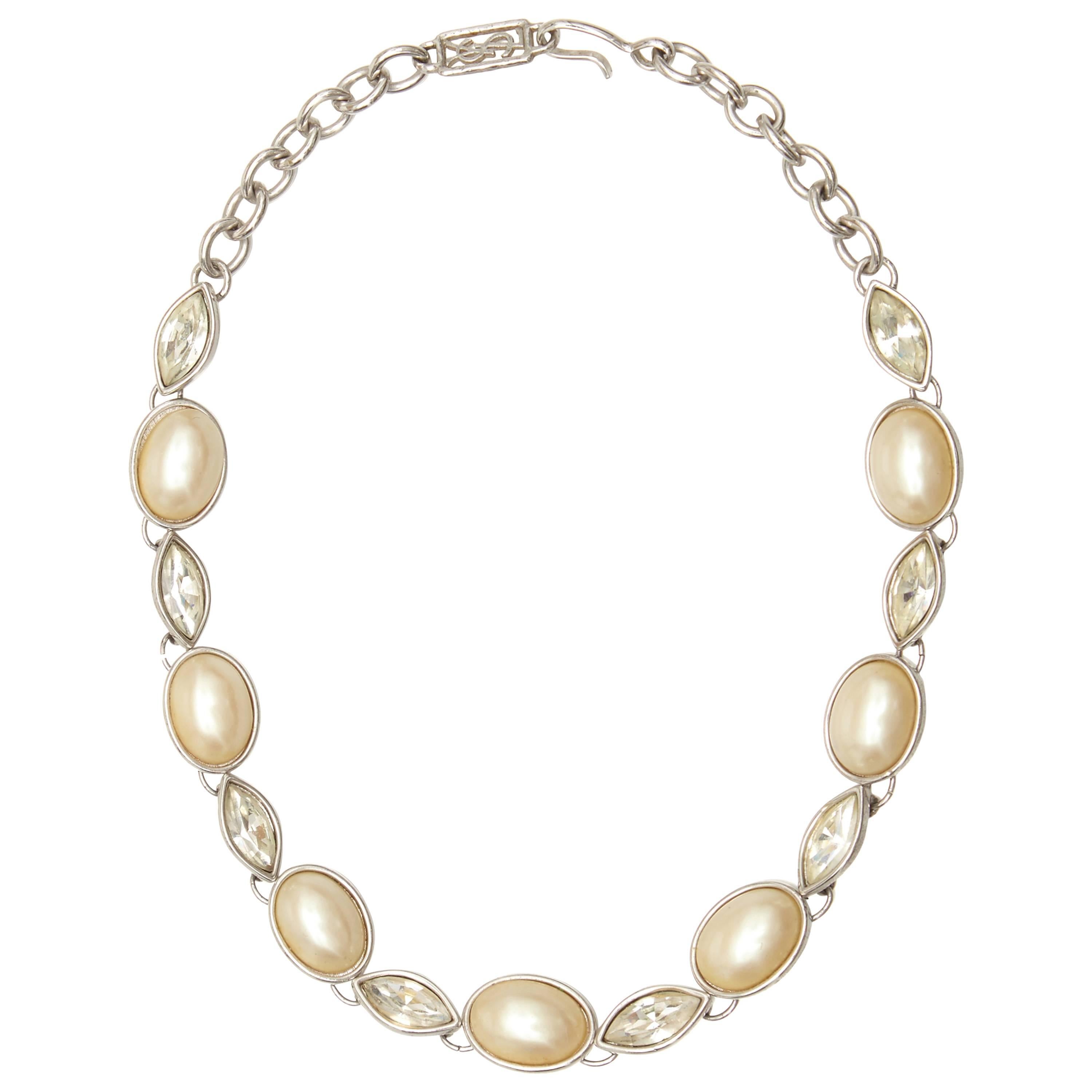 1980s Yves Saint Laurent Silver and Pearl Necklace For Sale