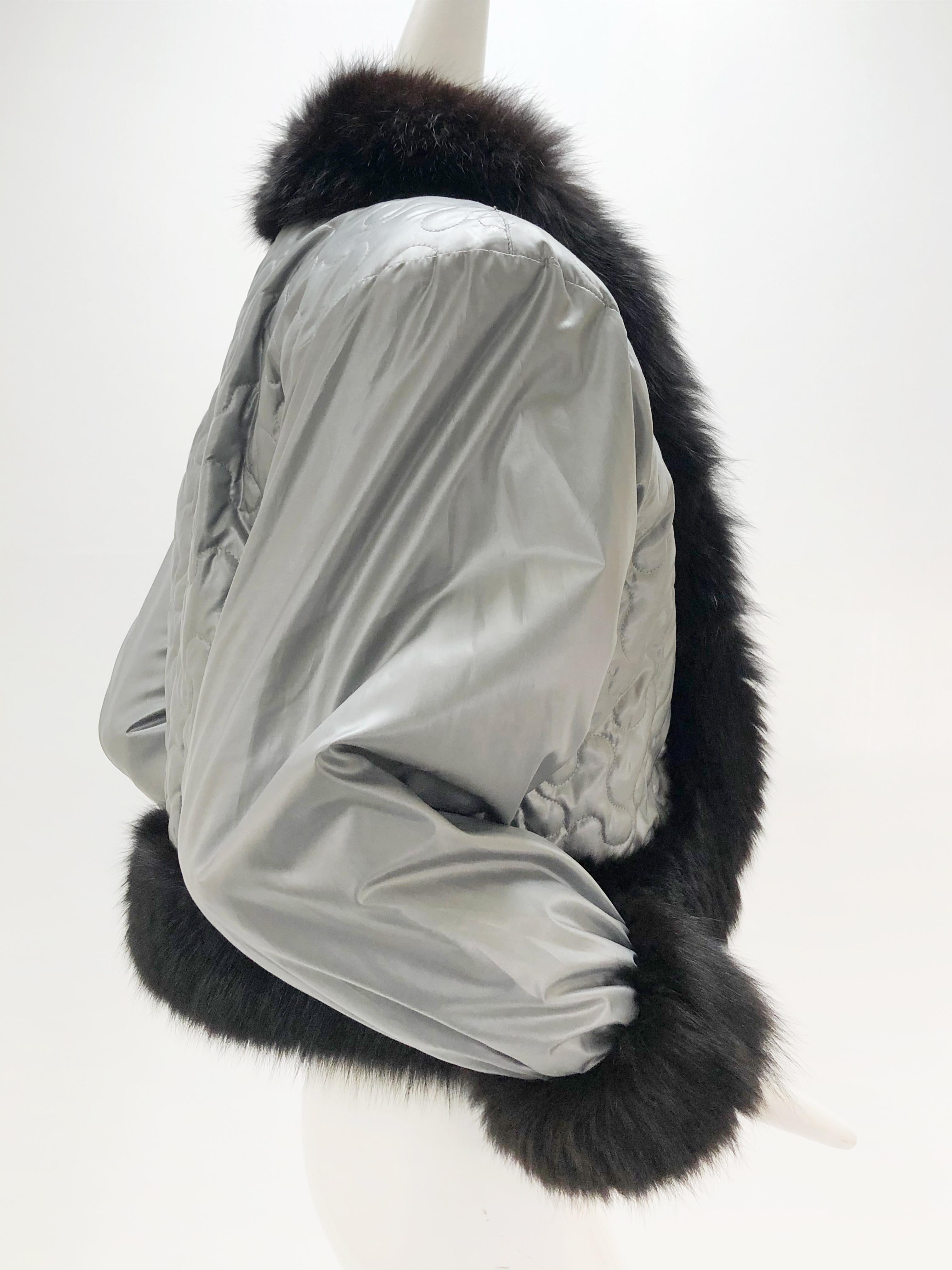 1980s Yves Saint Laurent Silver Quilted Nylon Cropped Jacket W/ Black Fox Fur In Excellent Condition For Sale In Gresham, OR