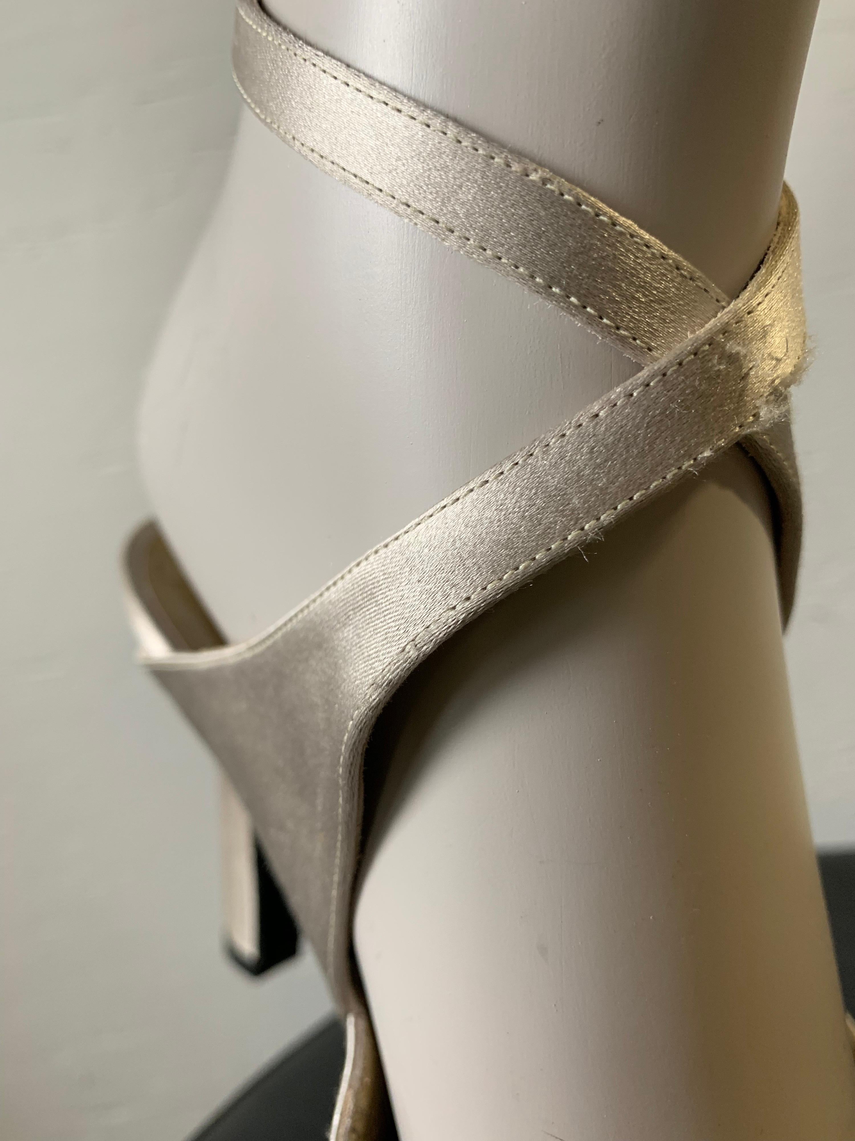1980s Yves Saint Laurent Silver Satin Ankle-Cross Stillettos W/ Pointed Toe In Excellent Condition For Sale In Gresham, OR