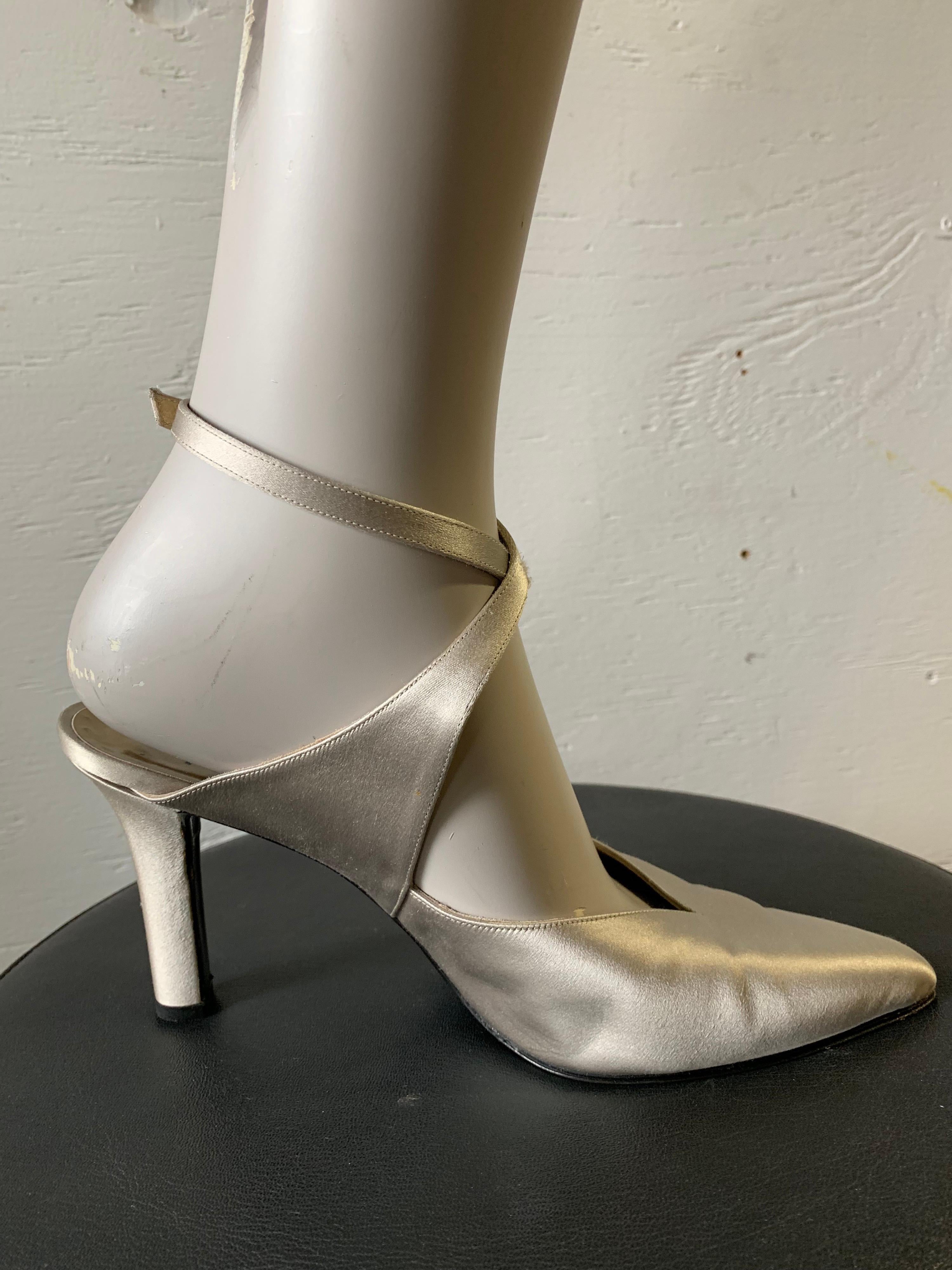 Women's 1980s Yves Saint Laurent Silver Satin Ankle-Cross Stillettos W/ Pointed Toe For Sale