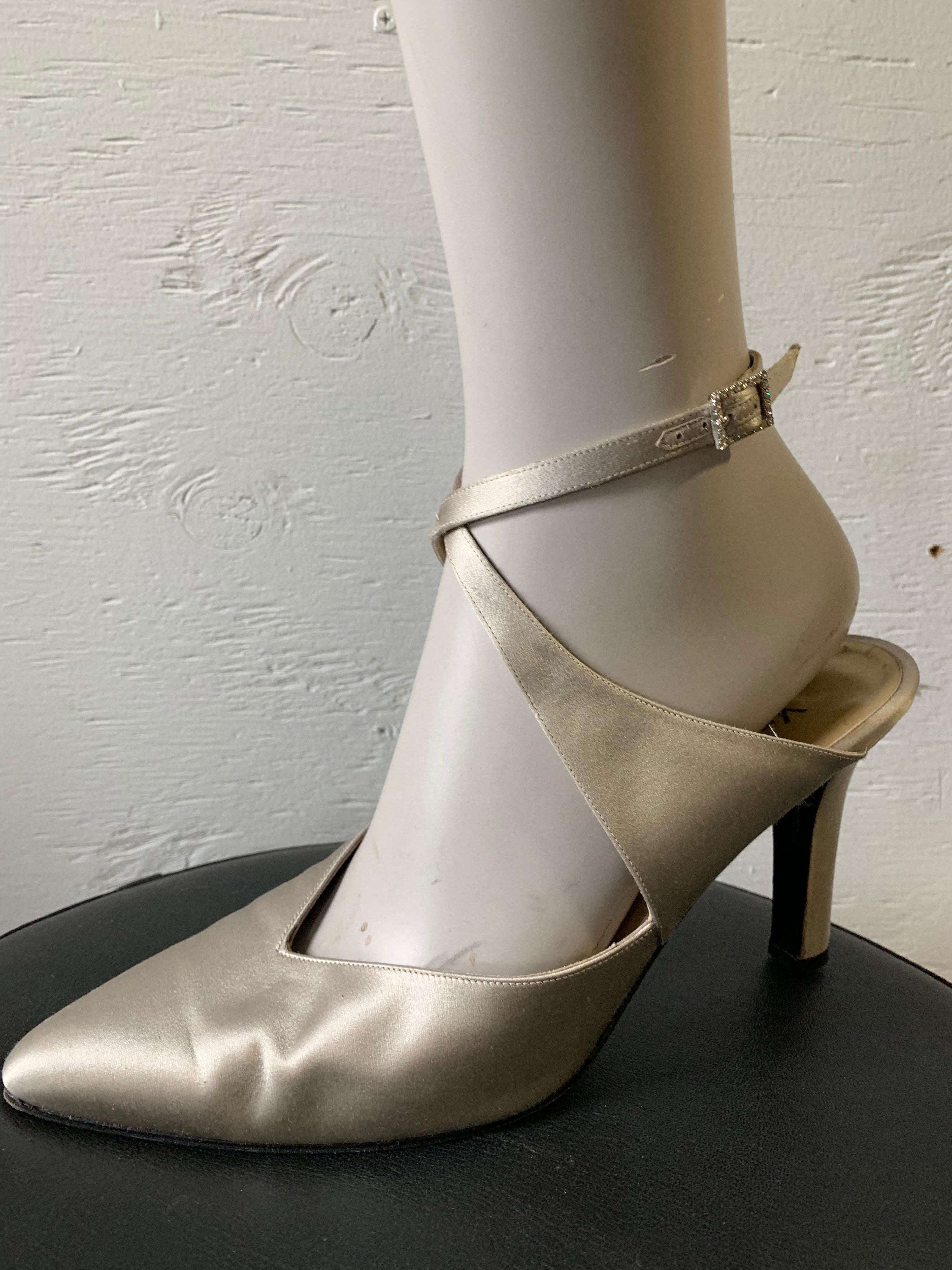 1980s Yves Saint Laurent Silver Satin Ankle-Cross Stillettos W/ Pointed Toe For Sale 2