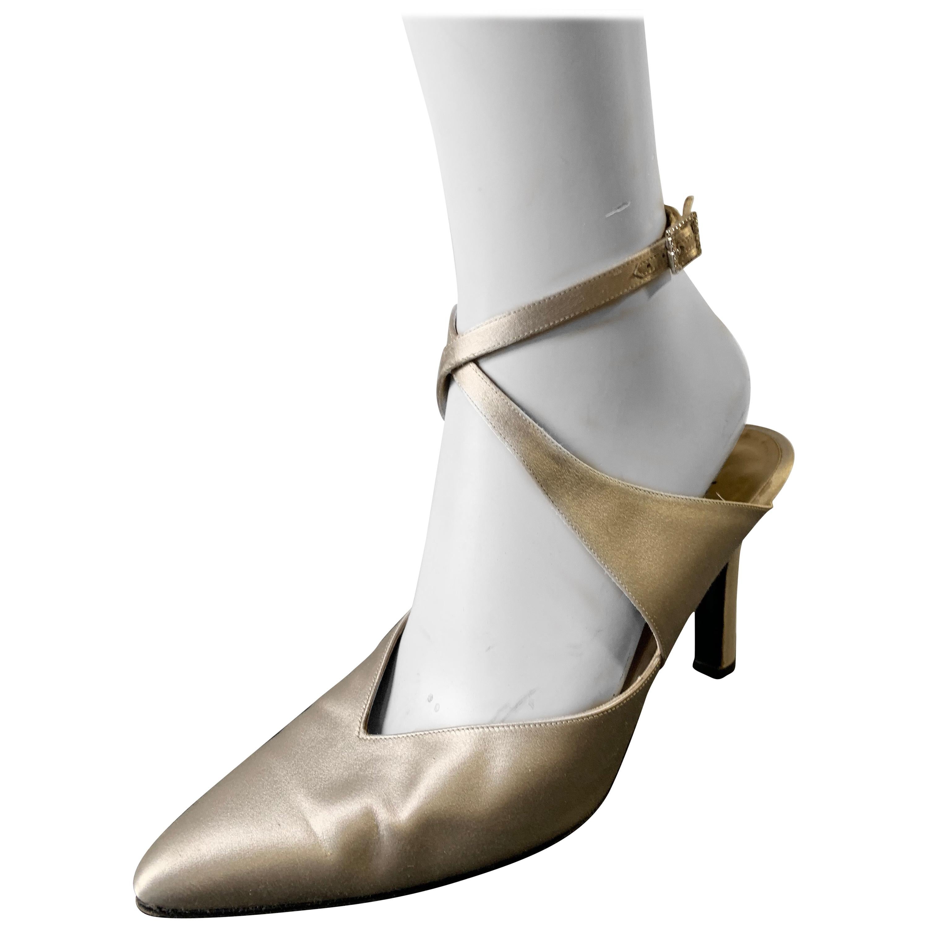 1980s Yves Saint Laurent Silver Satin Ankle-Cross Stillettos W/ Pointed Toe For Sale