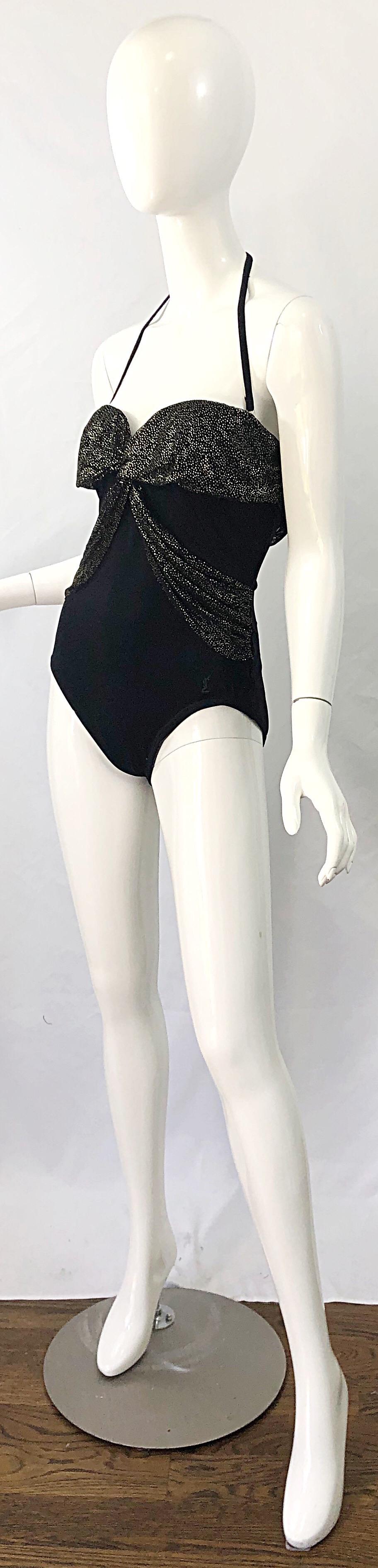 1980s Yves Saint Laurent Size 14 Black / Gold One Piece Halter Swimsuit Bodysuit For Sale 3