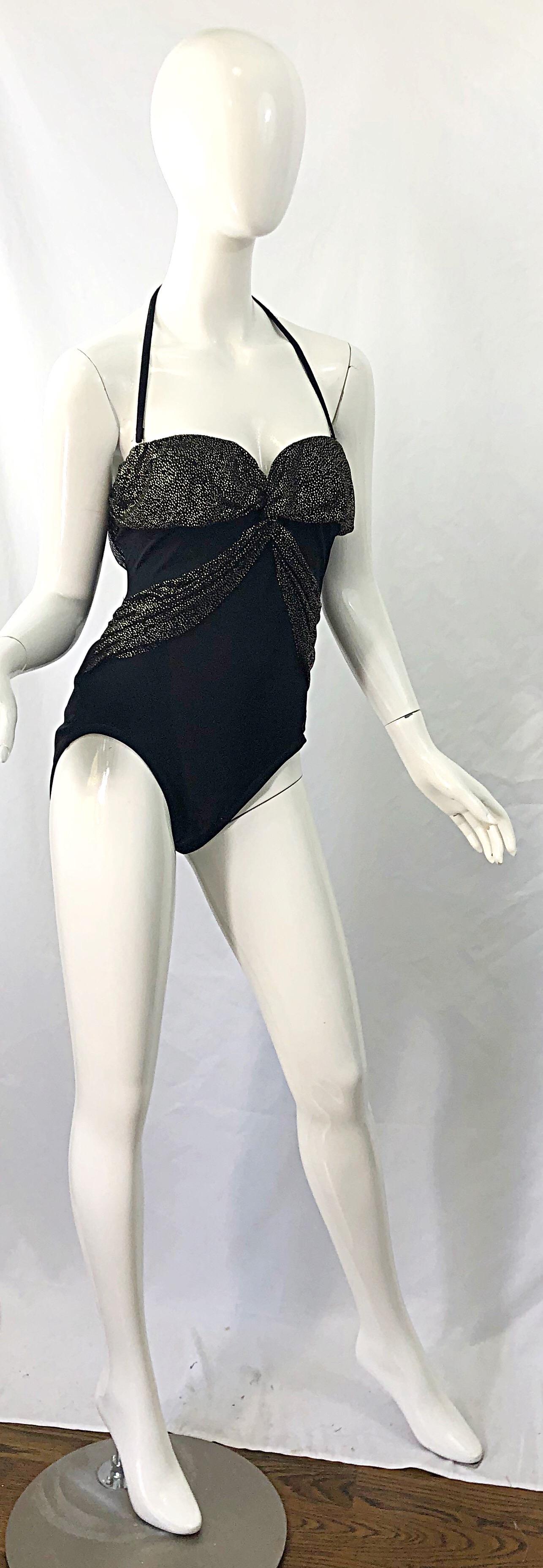 1980s Yves Saint Laurent Size 14 Black / Gold One Piece Halter Swimsuit Bodysuit For Sale 4