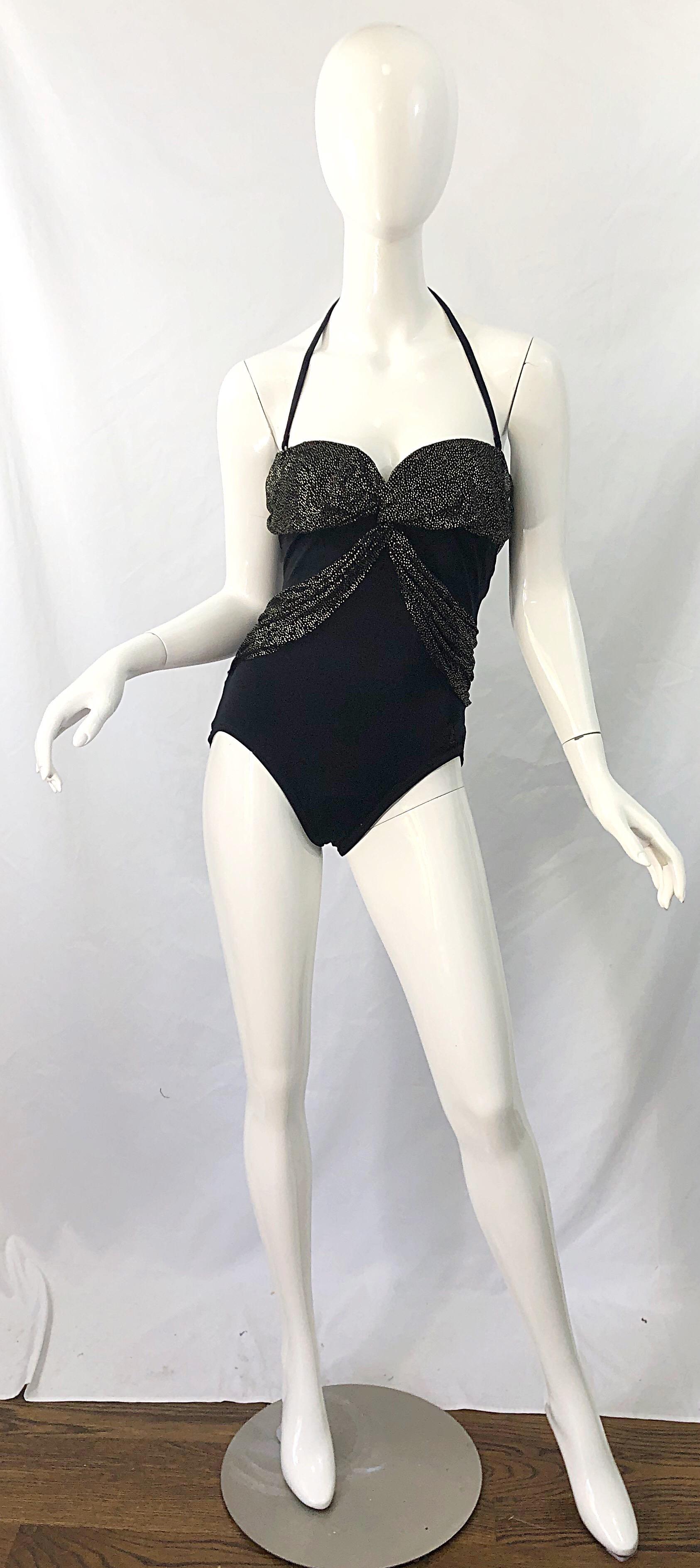 1980s Yves Saint Laurent Size 14 Black / Gold One Piece Halter Swimsuit Bodysuit For Sale 7