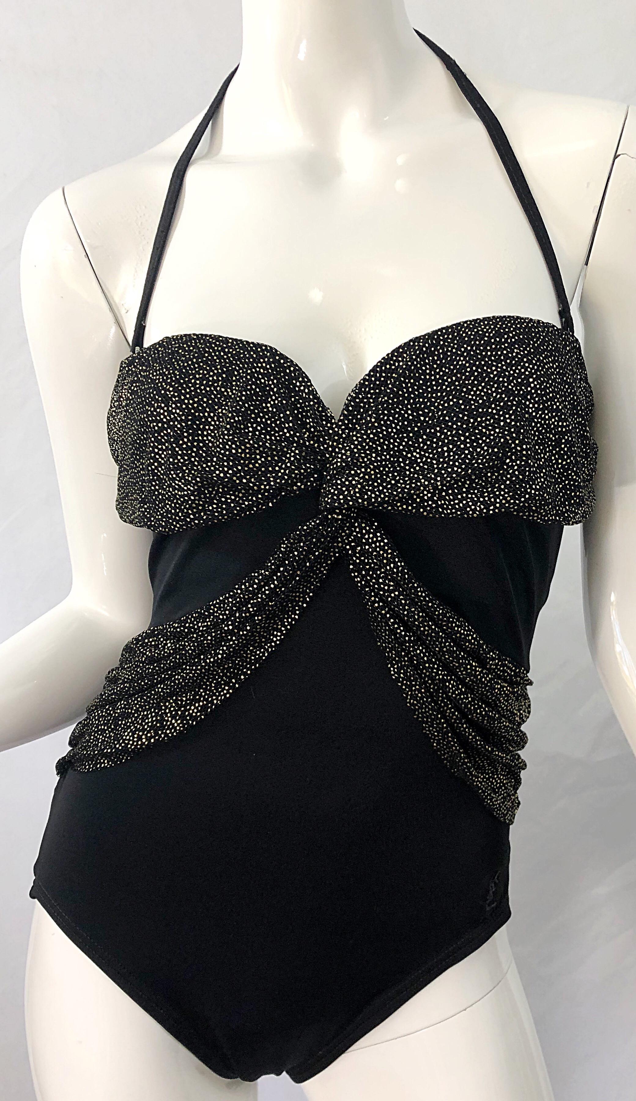 1980s Yves Saint Laurent Size 14 Black / Gold One Piece Halter Swimsuit Bodysuit In Excellent Condition For Sale In San Diego, CA