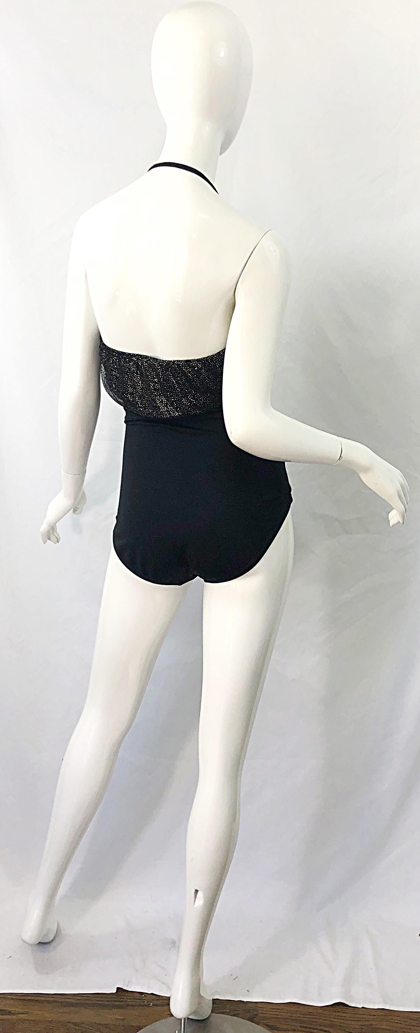 Women's 1980s Yves Saint Laurent Size 14 Black / Gold One Piece Halter Swimsuit Bodysuit For Sale