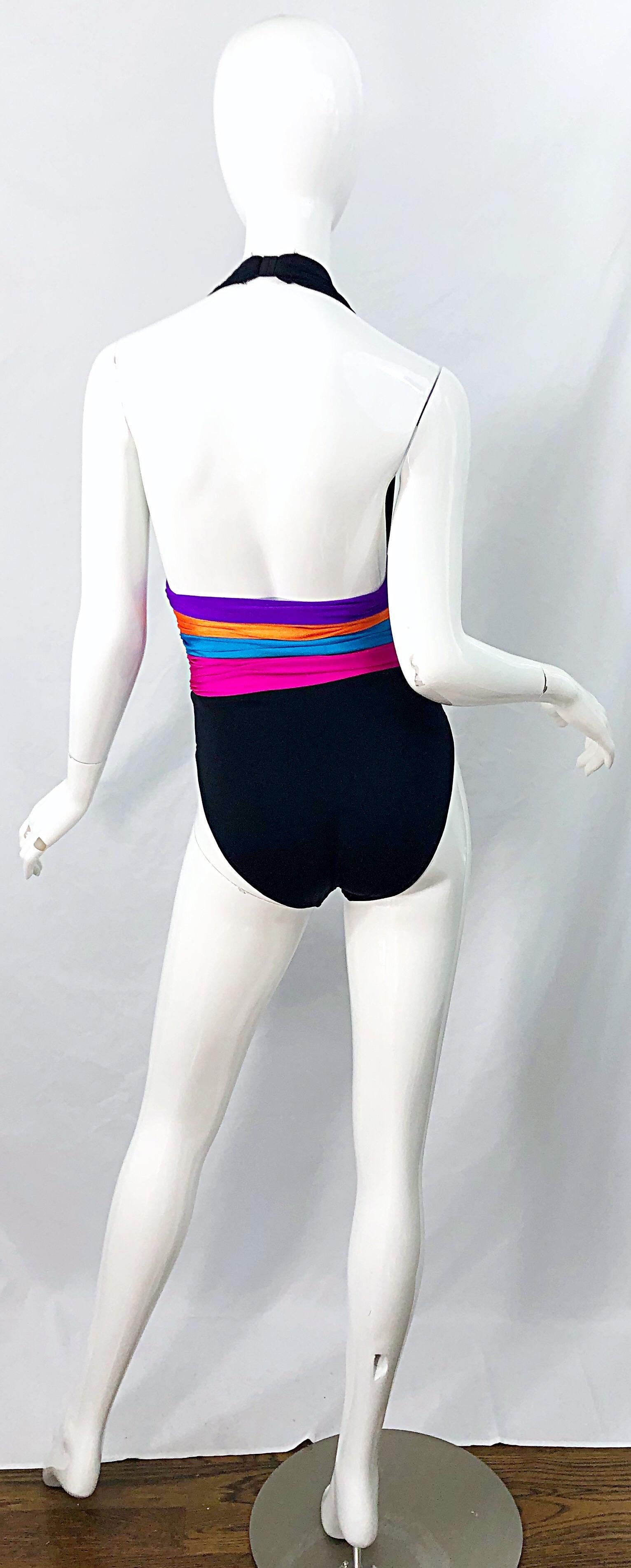 1980s Yves Saint Laurent Size 8 Plunging Halter One Piece 80s Bodysuit Swimsuit For Sale 4