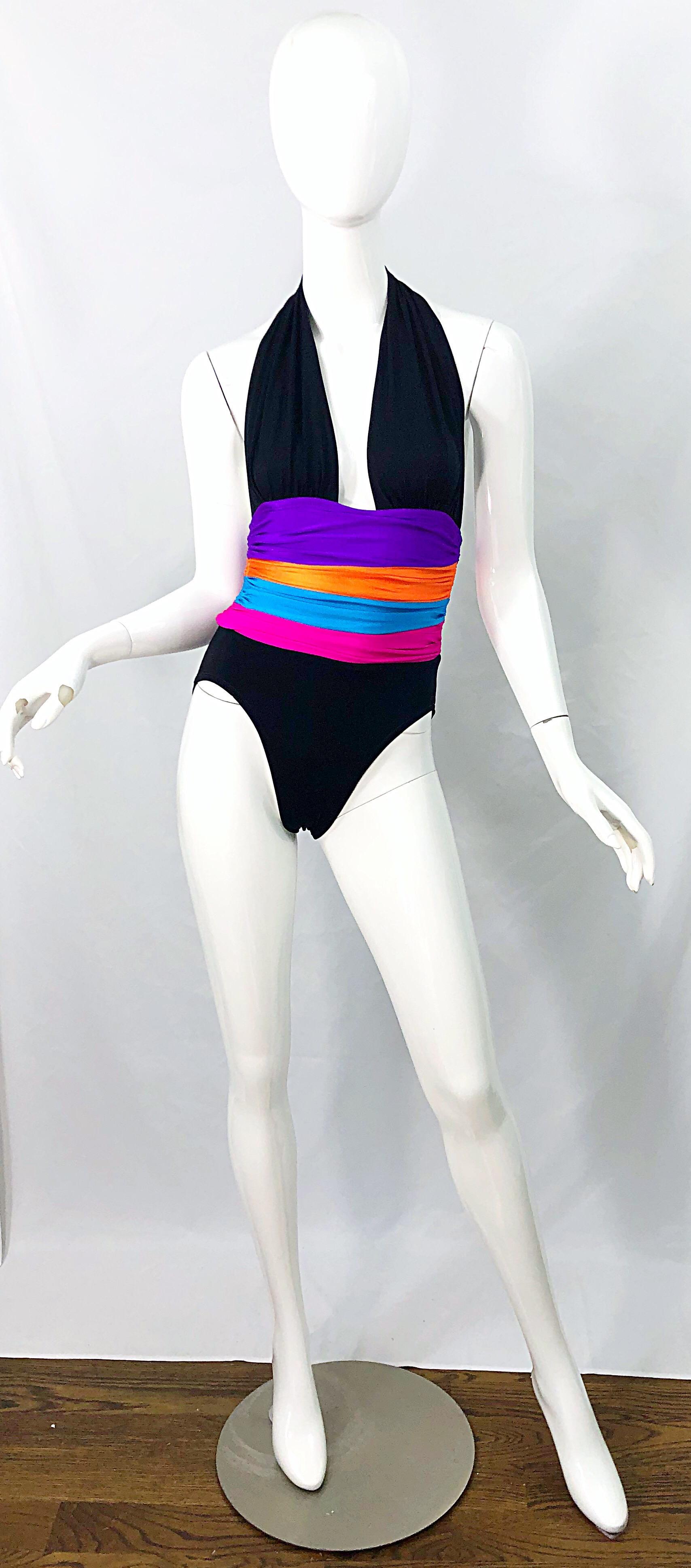 1980s Yves Saint Laurent Size 8 Plunging Halter One Piece 80s Bodysuit Swimsuit For Sale 5