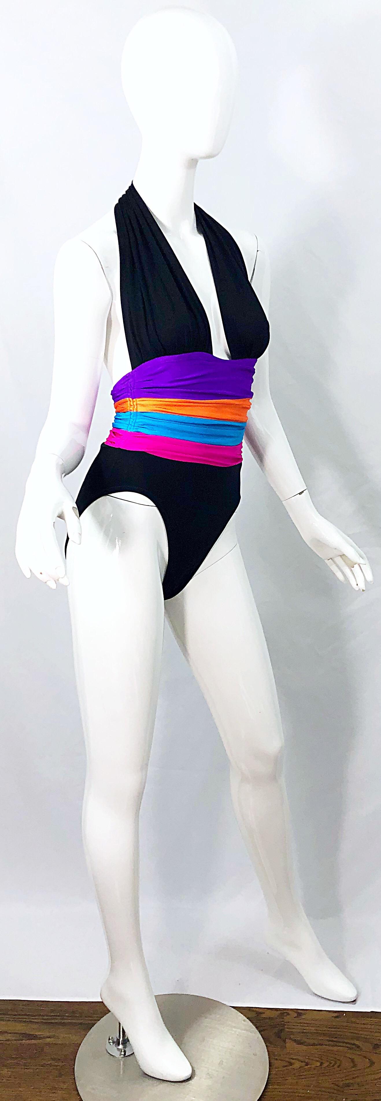 1980s Yves Saint Laurent Size 8 Plunging Halter One Piece 80s Bodysuit Swimsuit For Sale 1