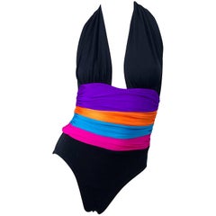 Retro 1980s Yves Saint Laurent Size 8 Plunging Halter One Piece 80s Bodysuit Swimsuit