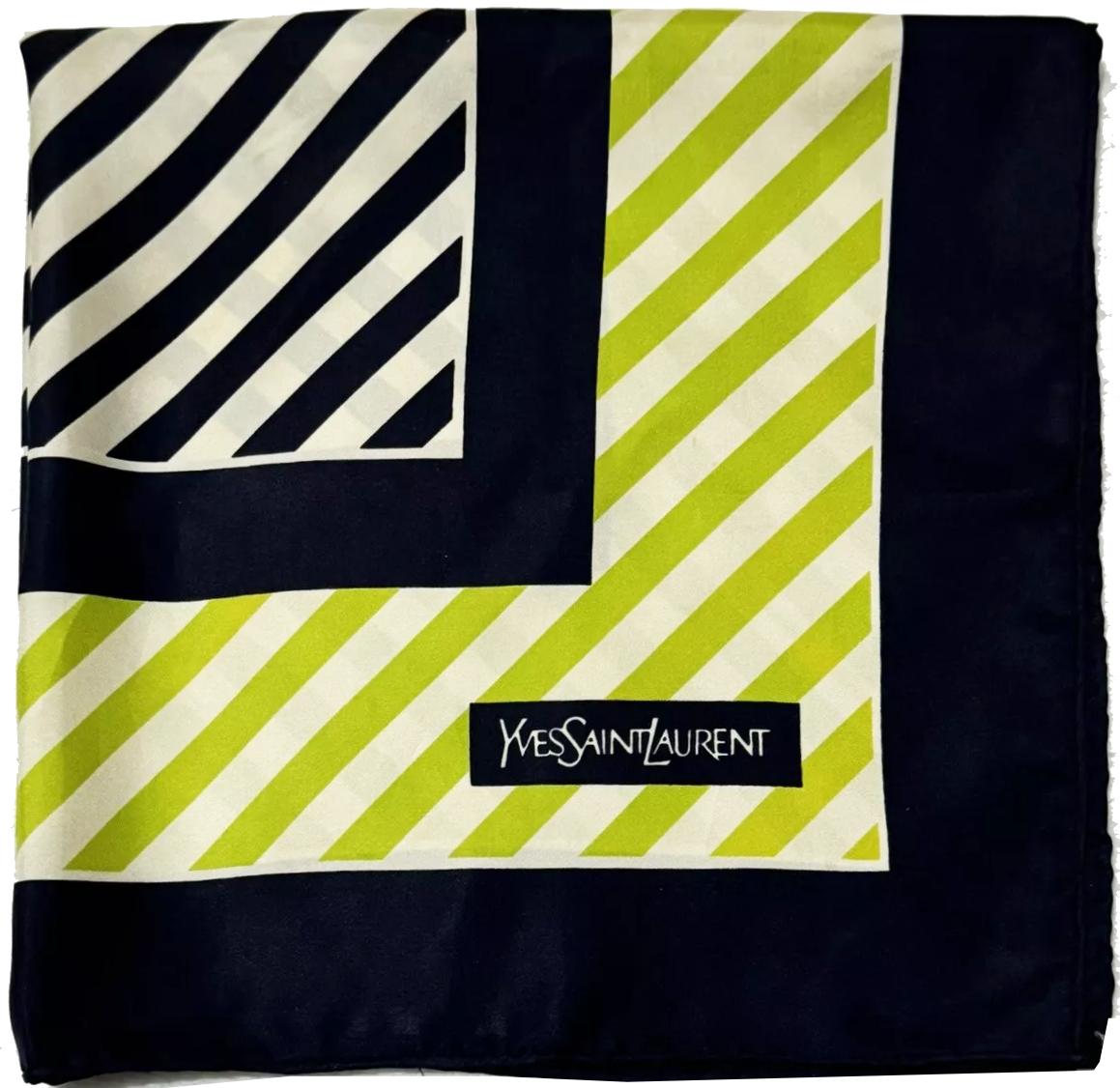 Yellow 1980s Yves Saint Laurent Stripe Green Logo Silk Scarf For Sale