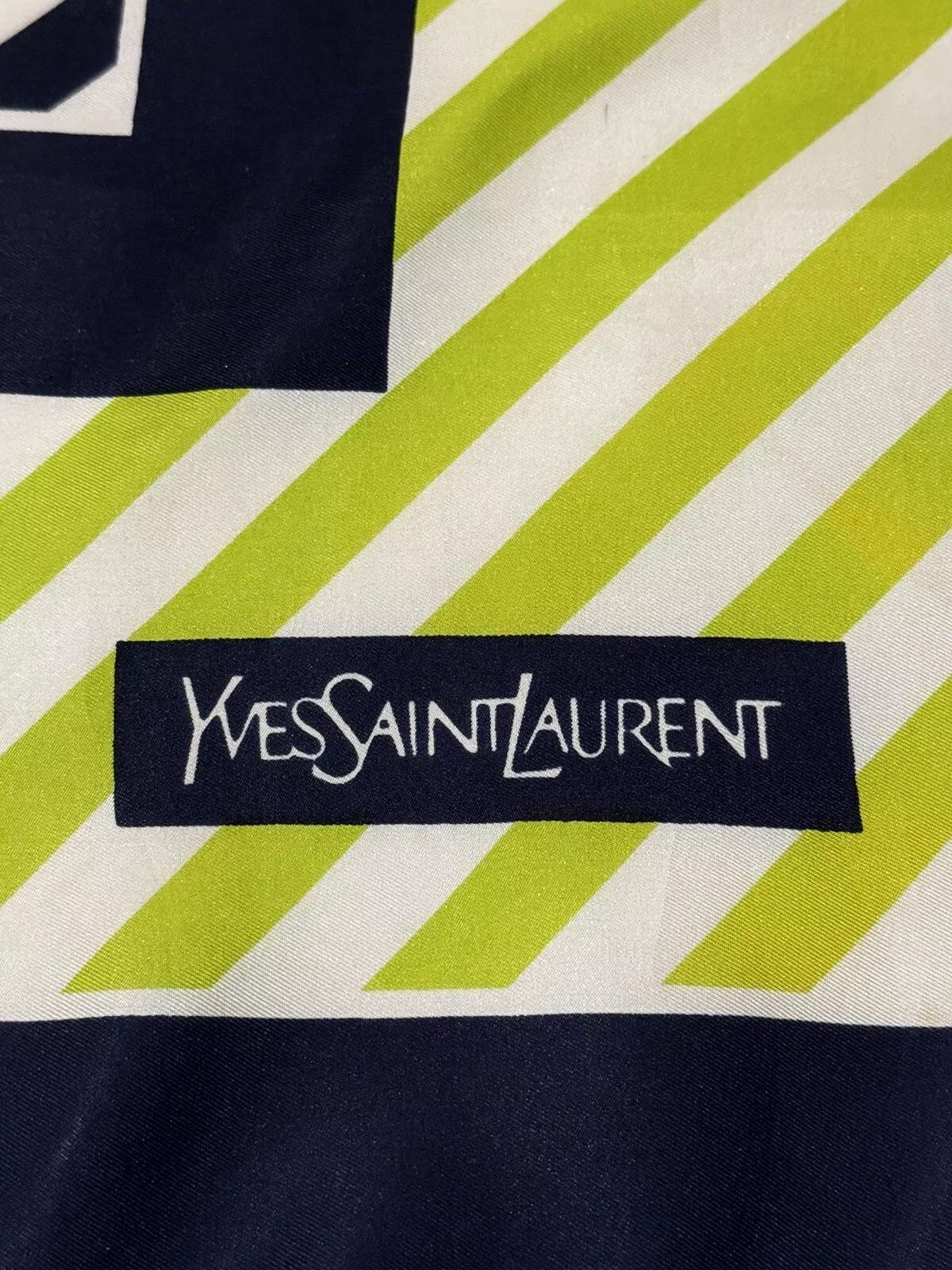 Women's or Men's 1980s Yves Saint Laurent Stripe Green Logo Silk Scarf For Sale
