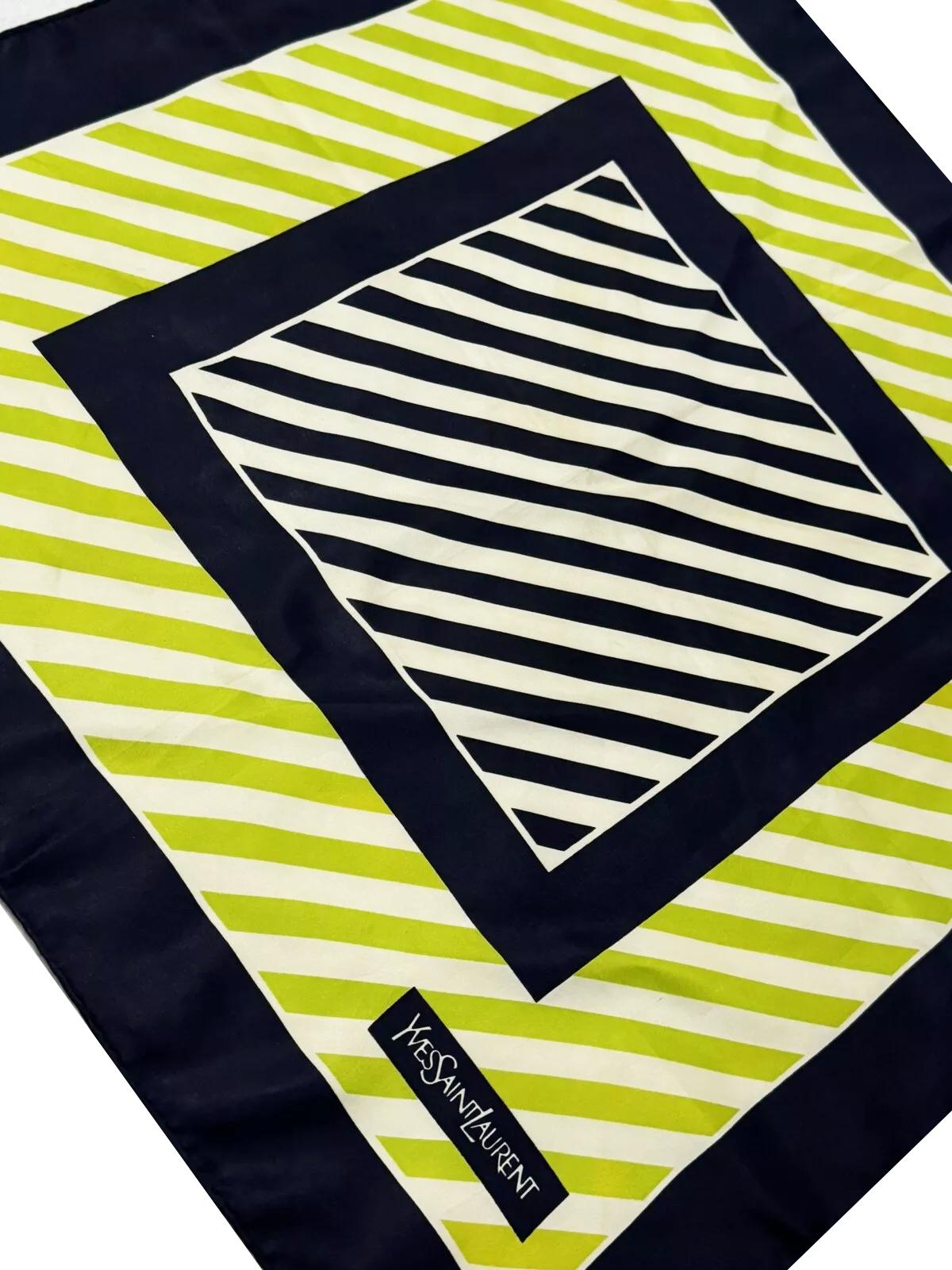 1980s Yves Saint Laurent Stripe Green Logo Silk Scarf For Sale 1