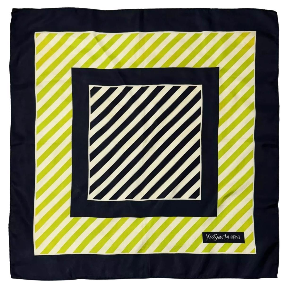 1980s Yves Saint Laurent Stripe Green Logo Silk Scarf For Sale