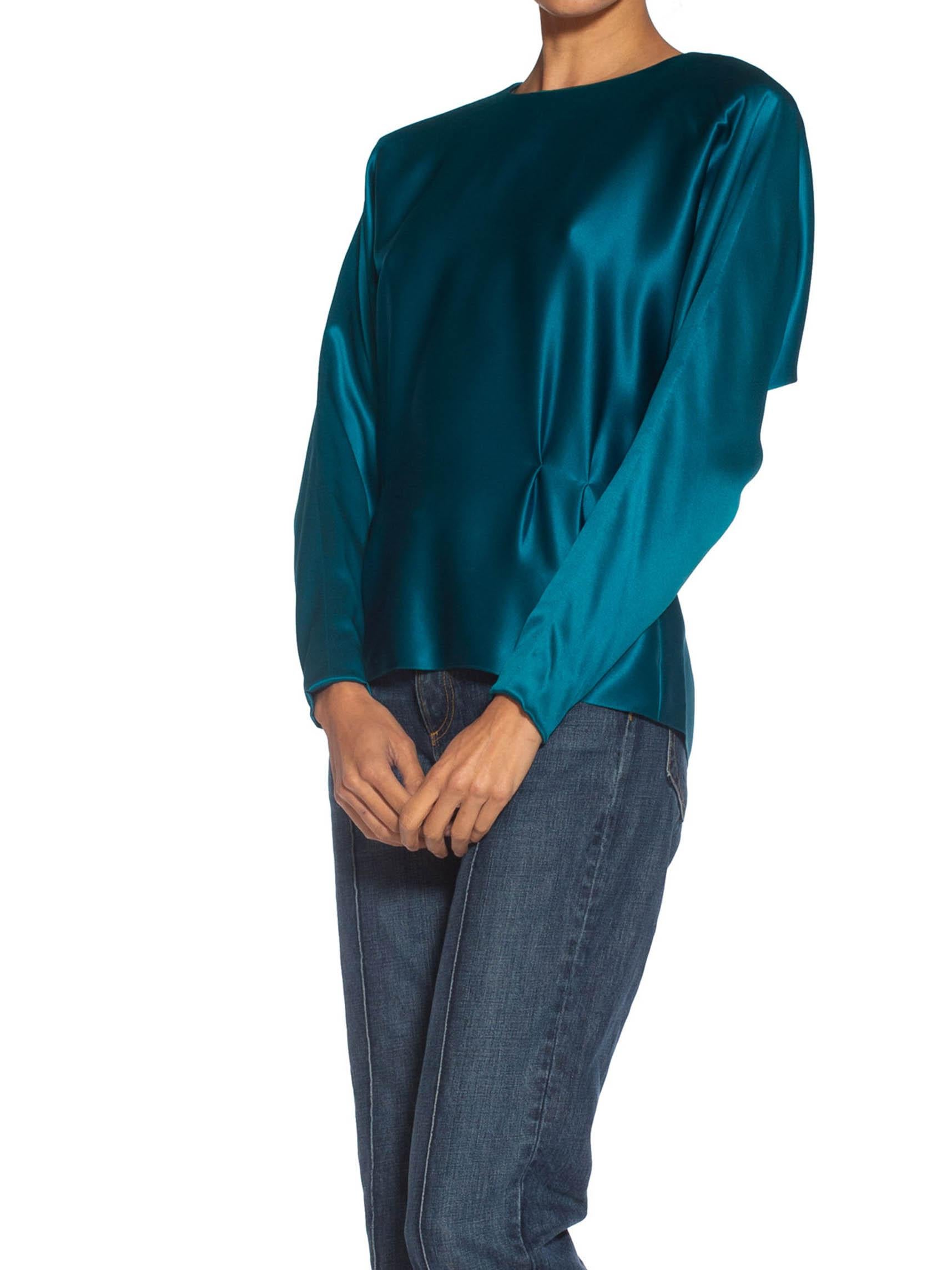 1980S YVES SAINT LAURENT Teal Haute Couture Silk Double Faced Satin Blouse In Excellent Condition In New York, NY
