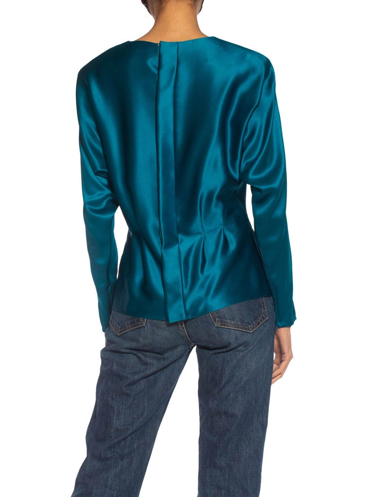 1980er Jahre YVES SAINT LAURENT Teal Haute Couture Seide Double Faced Satin  Bluse im Angebot bei 1stDibs