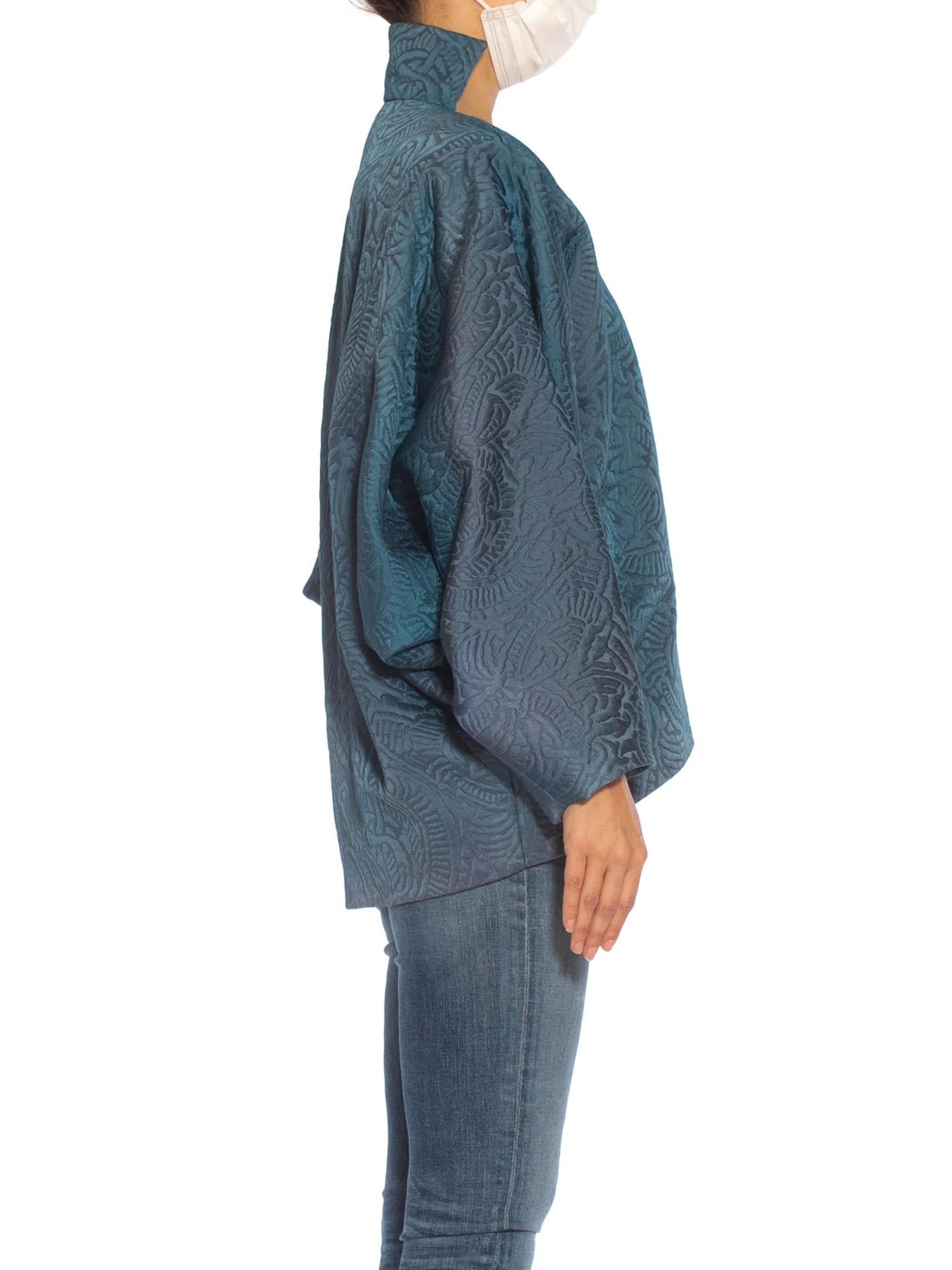 Blue 1980S YVES SAINT LAURENT Teal Haute Couture Silk Matelassé Oversized Batwing Sl