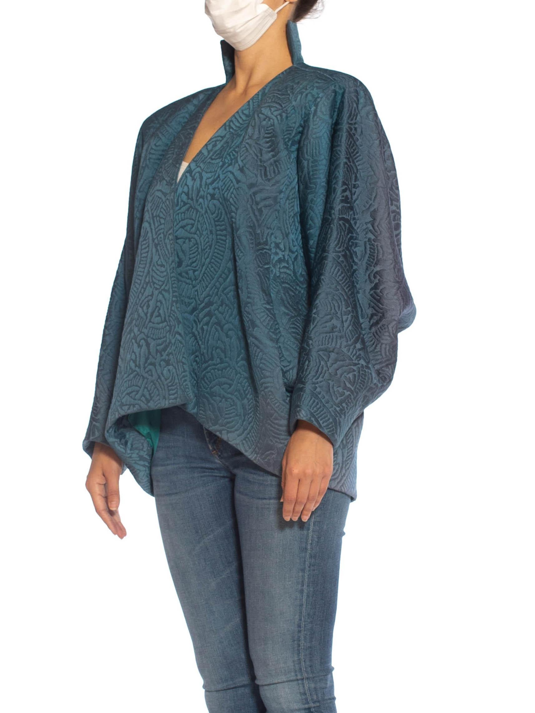 1980S YVES SAINT LAURENT Teal Haute Couture Silk Matelassé Oversized Batwing Sl In Excellent Condition In New York, NY