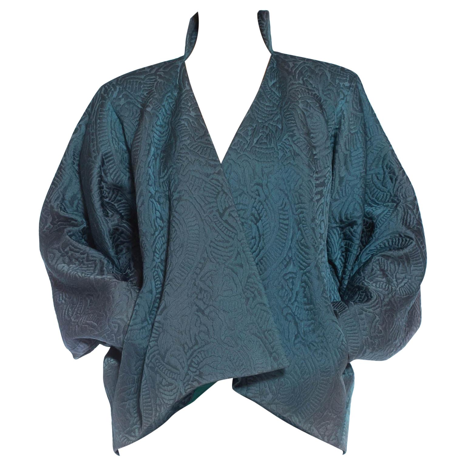 1980S YVES SAINT LAURENT Teal Haute Couture Silk Matelassé Oversized Batwing Sl
