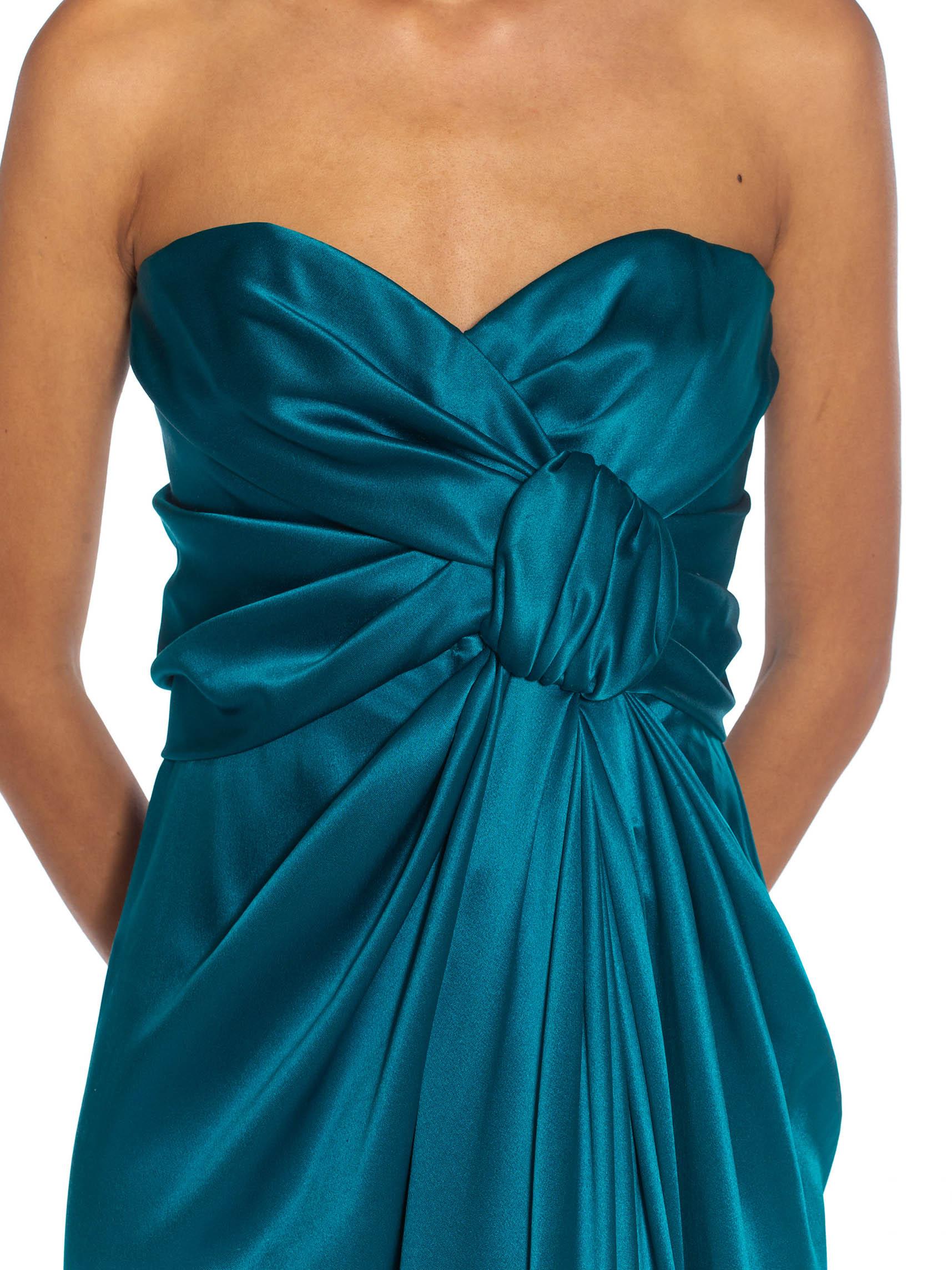 1980S YVES SAINT LAURENT Teal Haute Couture Silk Satin Draped Strpless Gown For Sale 3