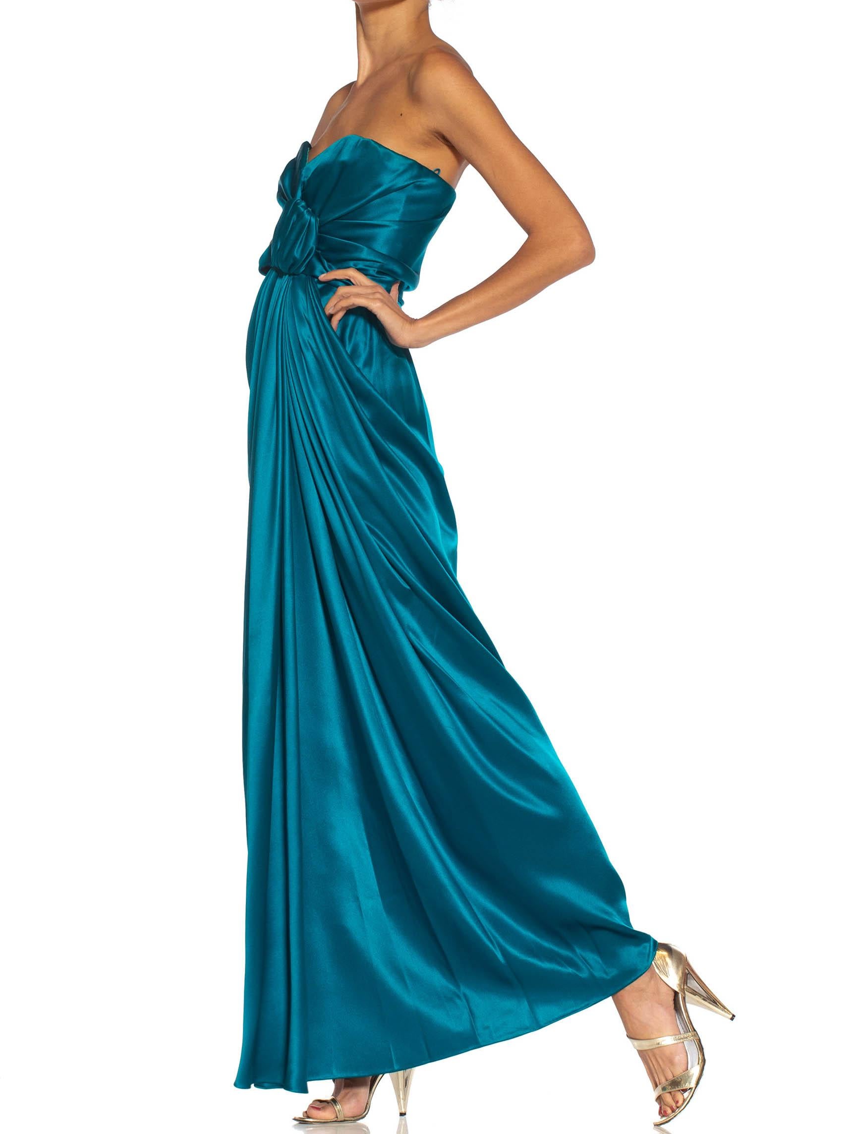 Blue 1980S YVES SAINT LAURENT Teal Haute Couture Silk Satin Draped Strpless Gown For Sale
