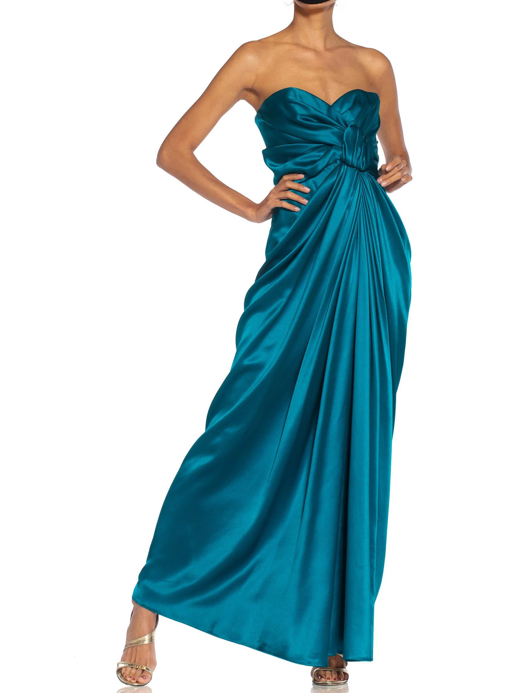 1980S YVES SAINT LAURENT Teal Haute Couture Silk Satin Draped Strpless Gown In Excellent Condition For Sale In New York, NY