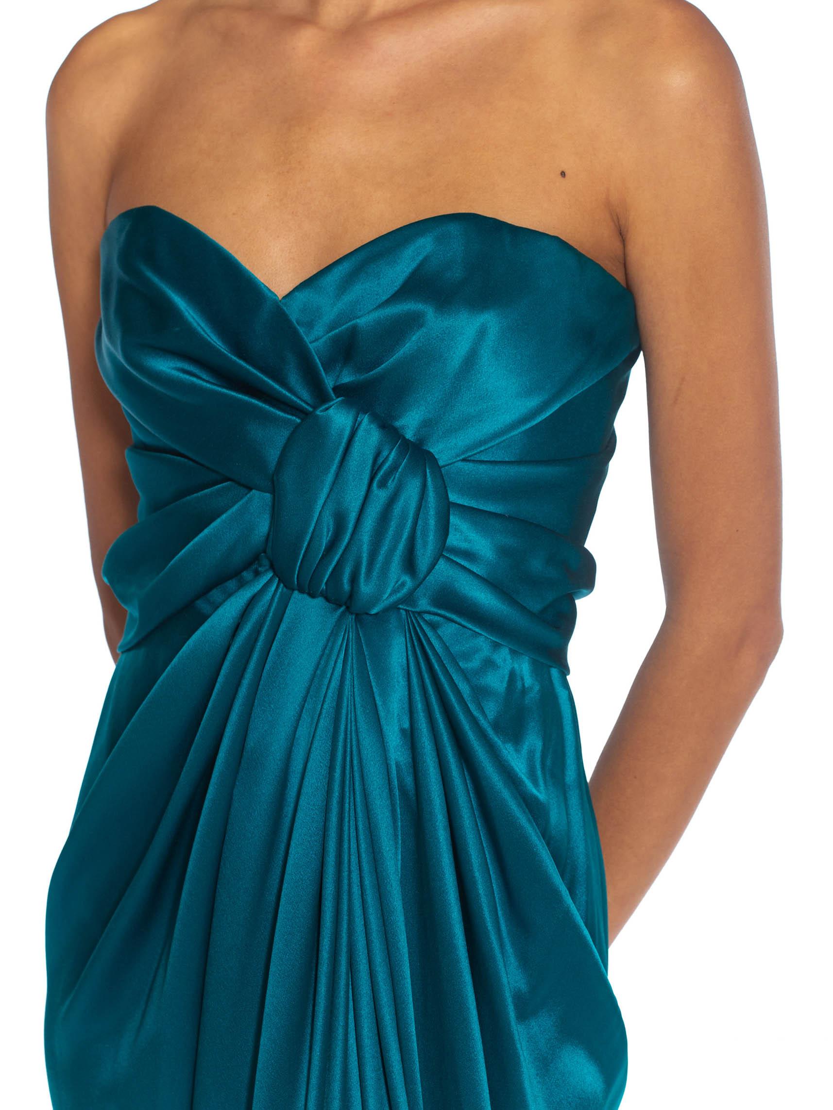 Women's 1980S YVES SAINT LAURENT Teal Haute Couture Silk Satin Draped Strpless Gown For Sale