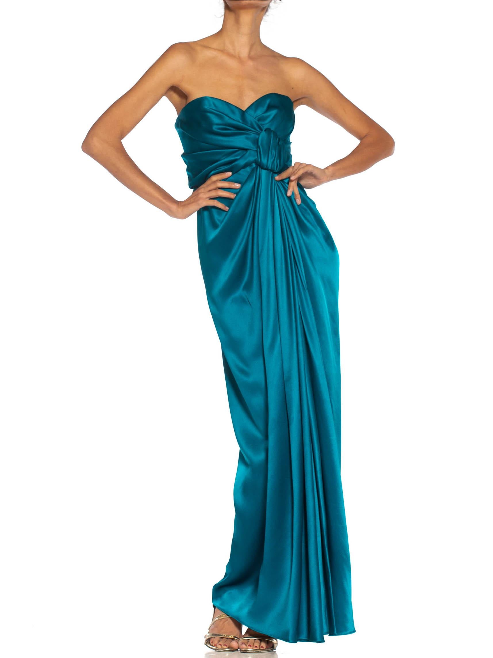 1980S YVES SAINT LAURENT Teal Haute Couture Silk Satin Draped Strpless Gown For Sale 1