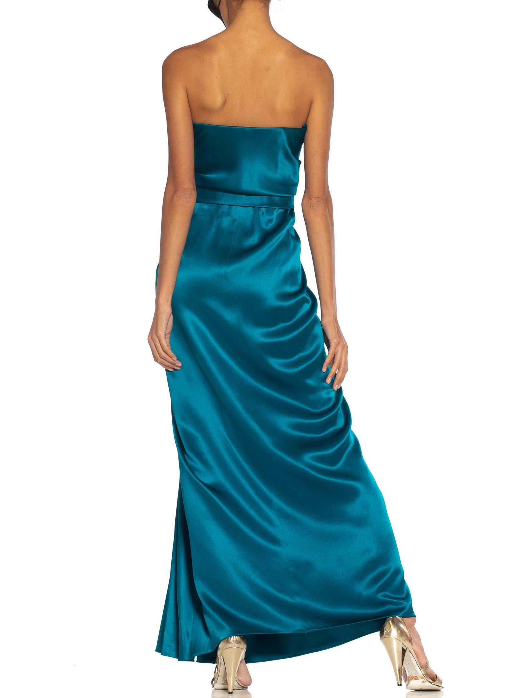1980S YVES SAINT LAURENT Teal Haute Couture Silk Satin Draped Strpless Gown For Sale 2
