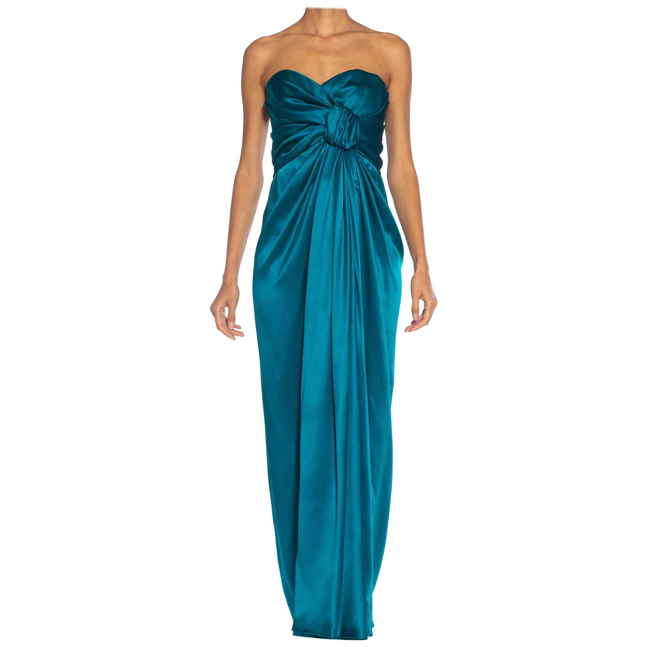 1980S YVES SAINT LAURENT Teal Haute Couture Silk Satin Draped Strpless Gown For Sale