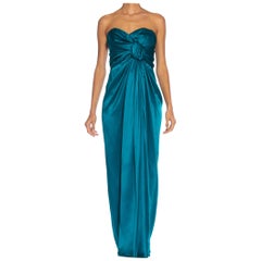 1980S YVES SAINT LAURENT Teal Haute Couture Silk Satin Draped Strpless Gown