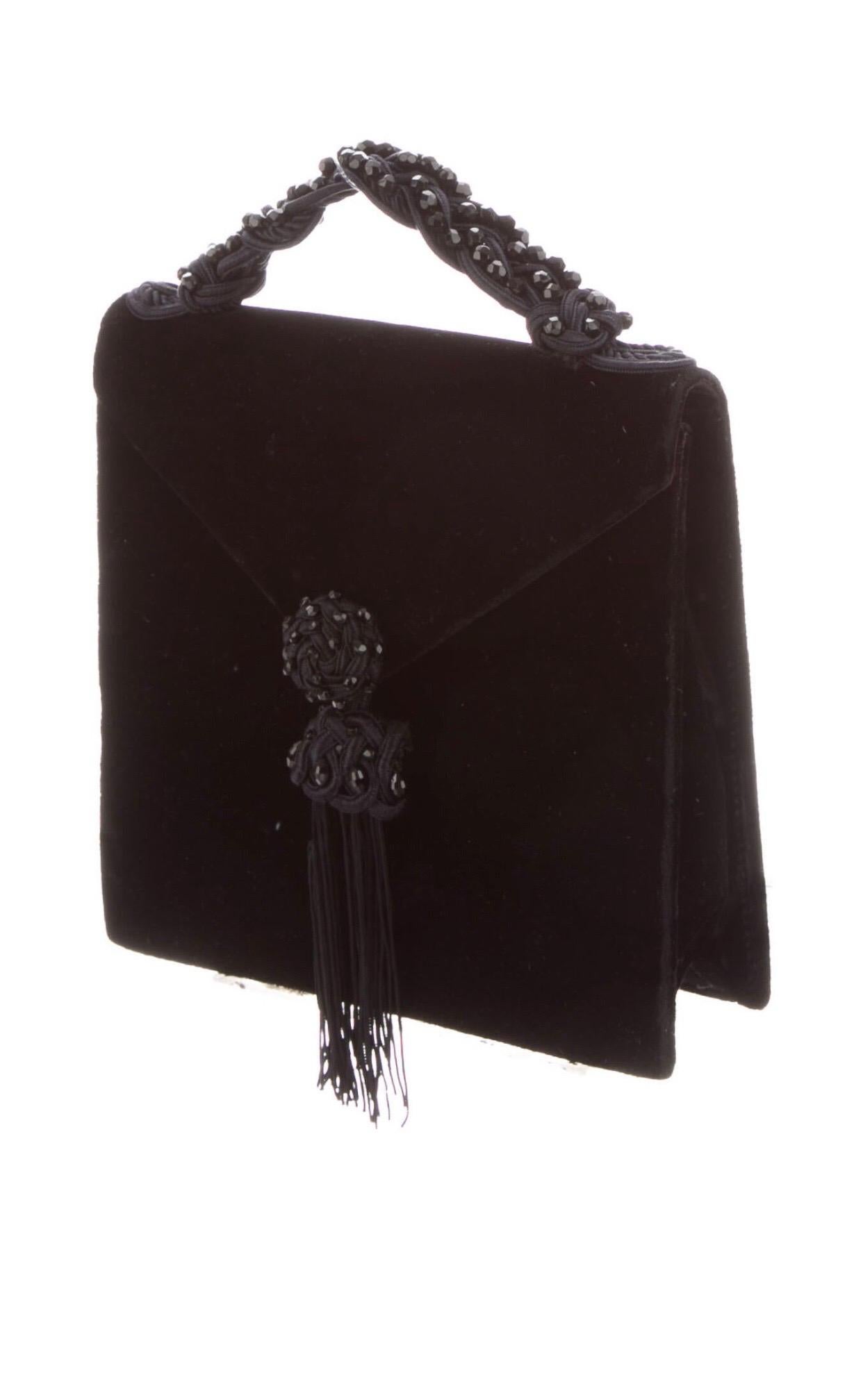 Black 1980s Yves Saint Laurent Velvet Bag with Tassel and Top Handle