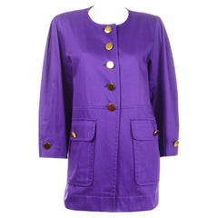 1980s Yves Saint Laurent Vintage Long Purple Jacket w Large Gold Buttons
