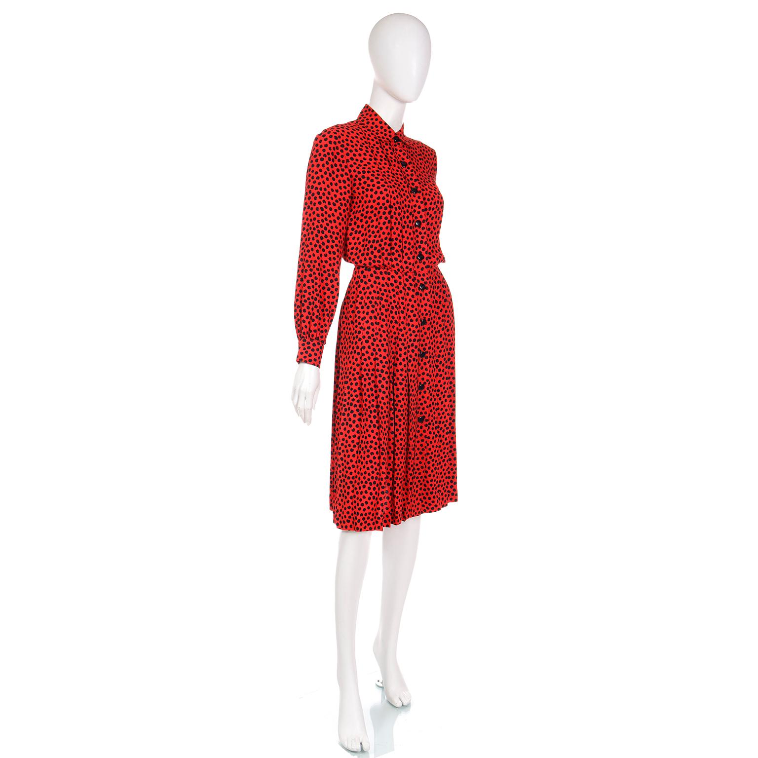 1980s Yves Saint Laurent Vintage Red and Black Abstract Print Silk Dress In Excellent Condition For Sale In Portland, OR