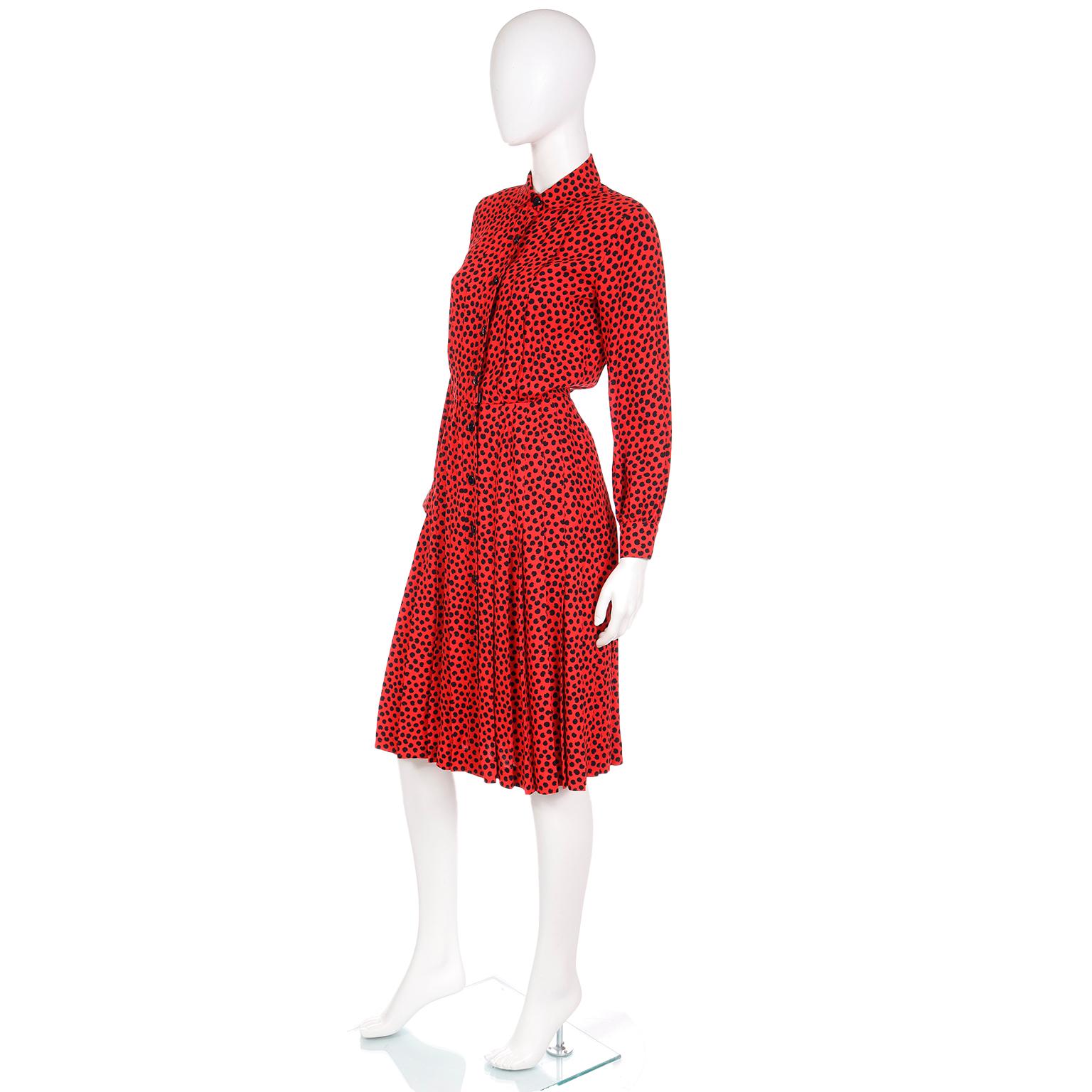 1980s Yves Saint Laurent Vintage Red and Black Abstract Print Silk Dress For Sale 1
