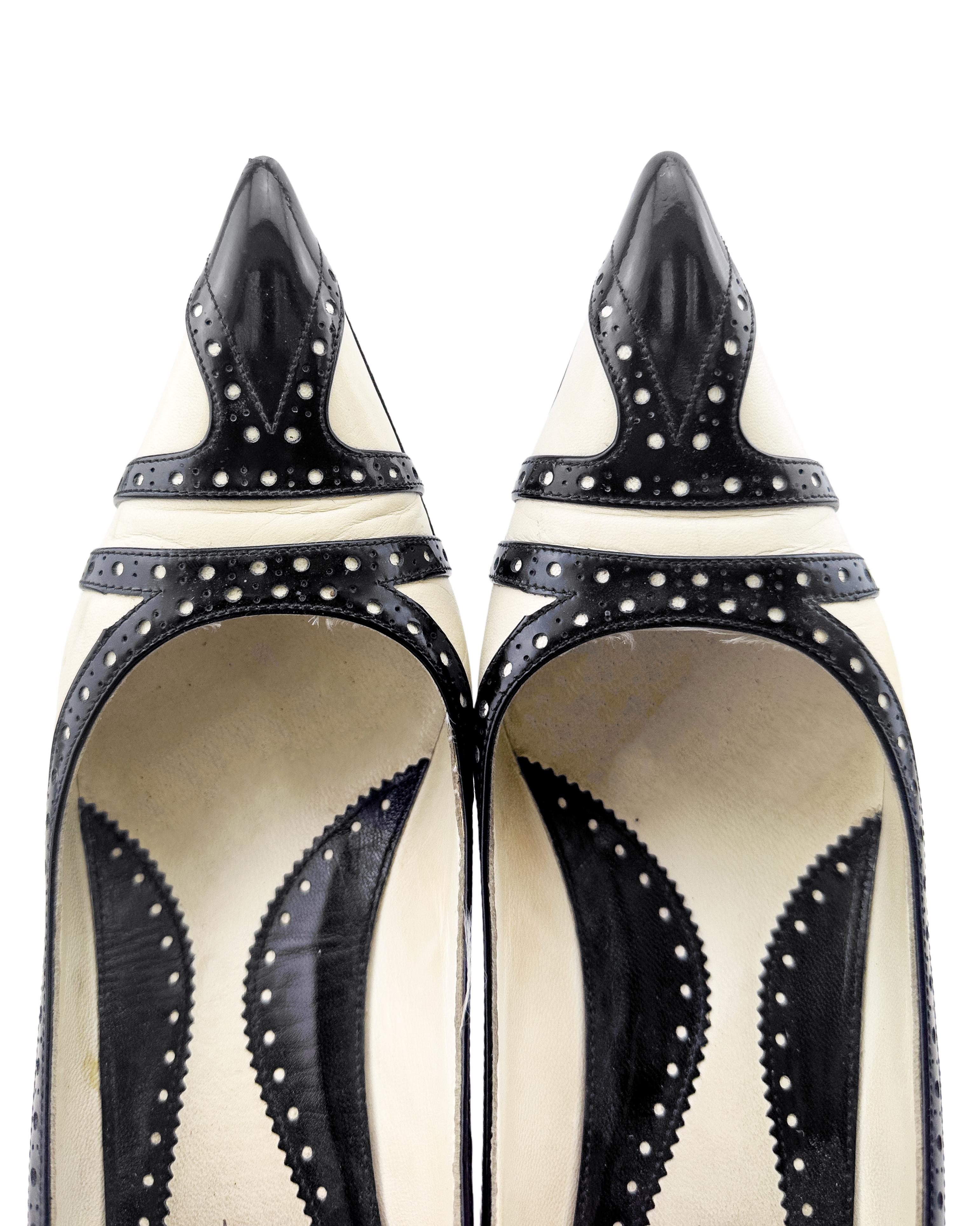 Beige 1980's Yves Saint Laurent/YSL Black and White Brogue Style Kitten Heels For Sale
