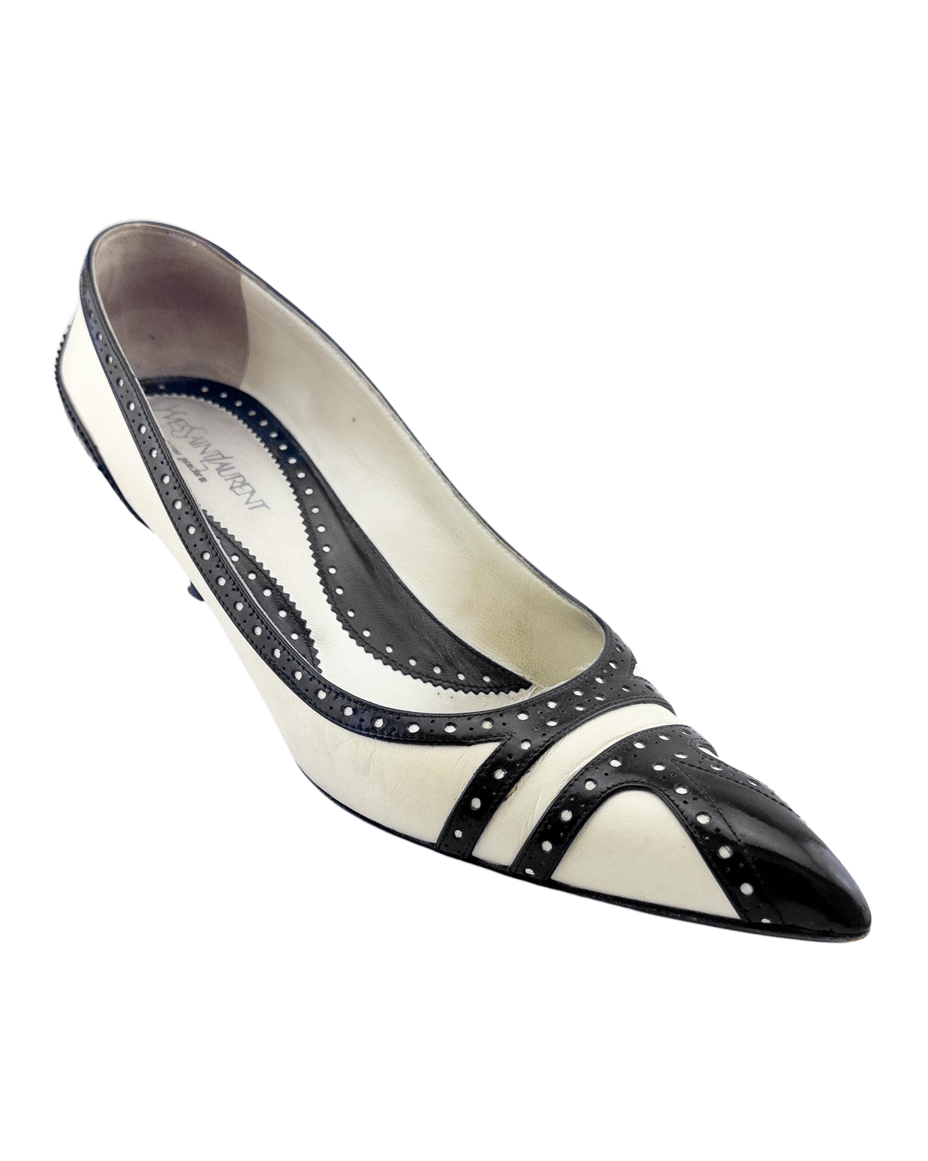 Women's 1980's Yves Saint Laurent/YSL Black and White Brogue Style Kitten Heels For Sale