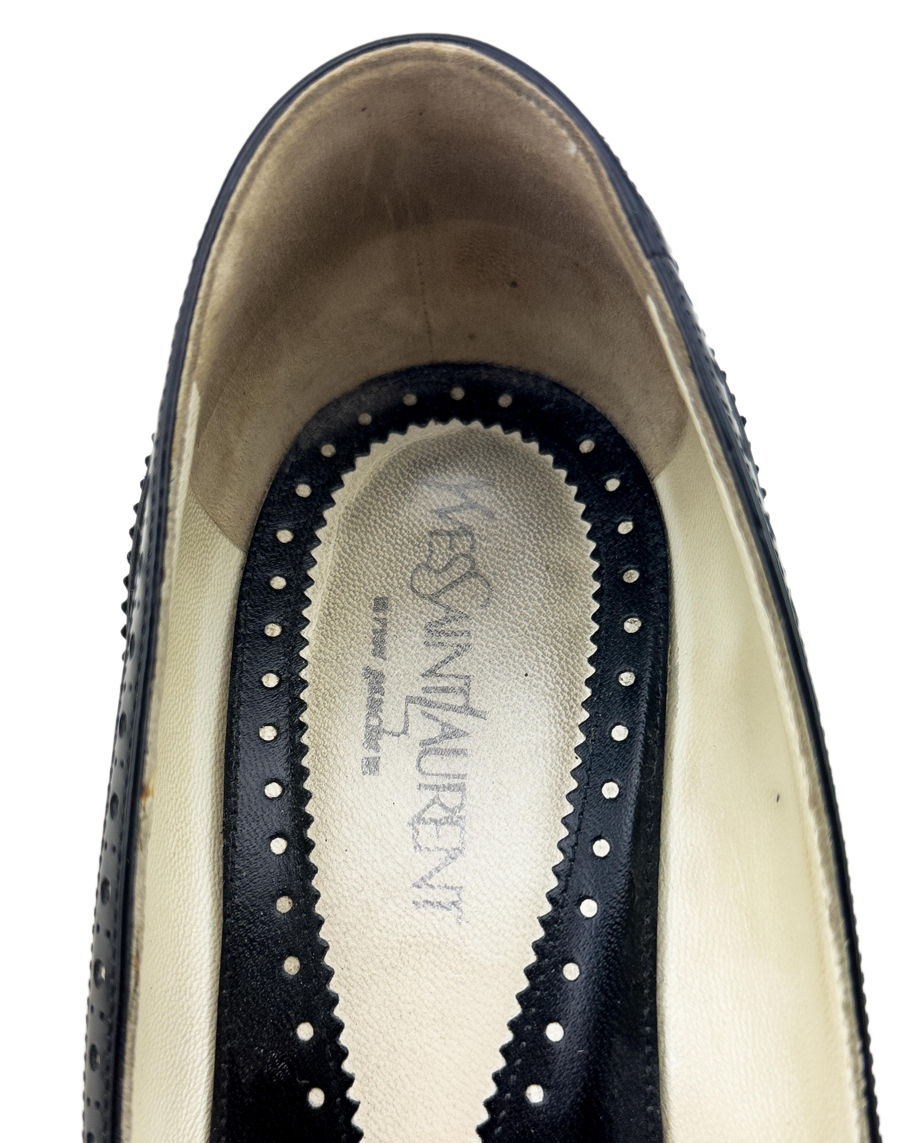 1980's Yves Saint Laurent/YSL Black and White Brogue Style Kitten Heels For Sale 1