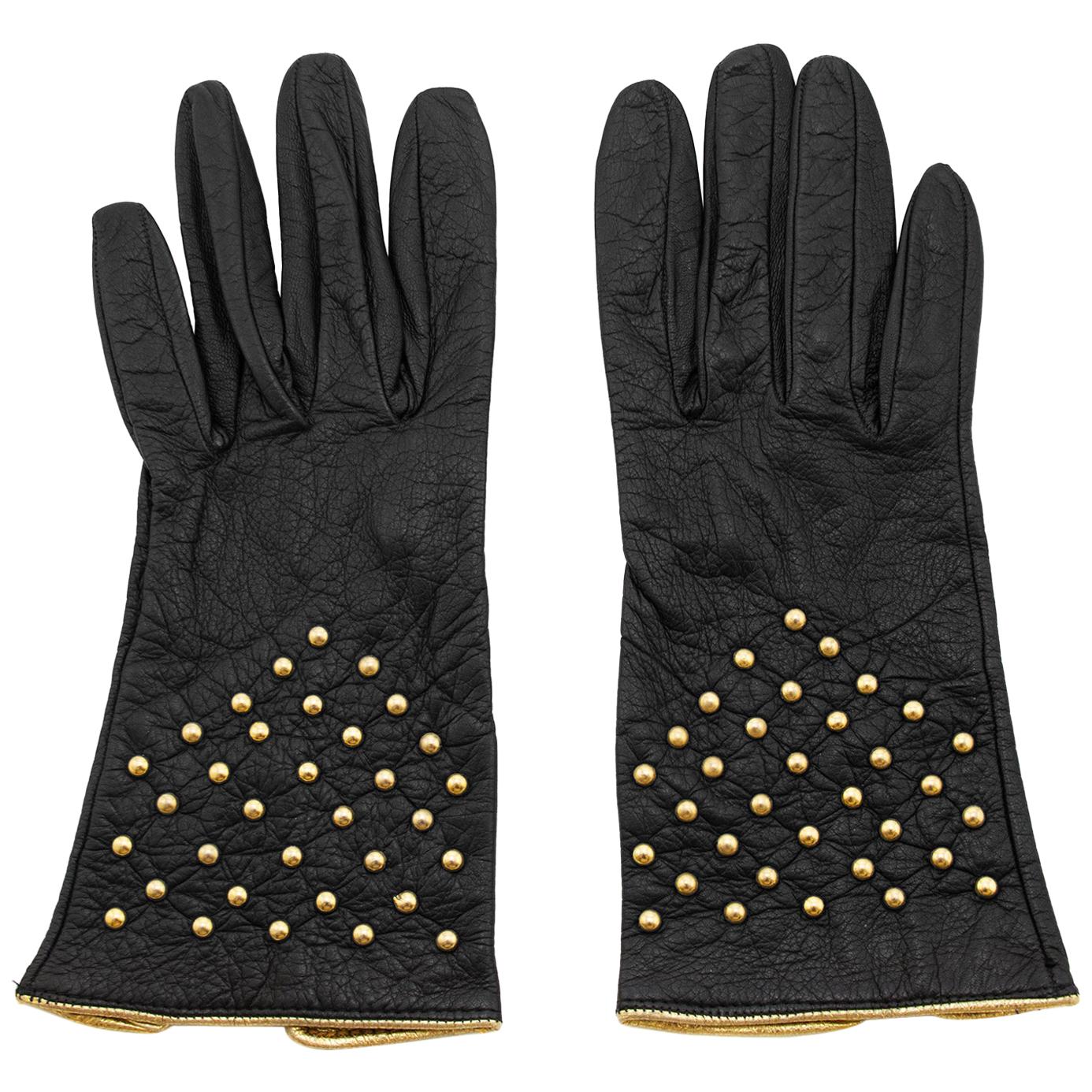 1980 Yves Saint Laurent/YSL Gants en cuir noir avec clous dorés