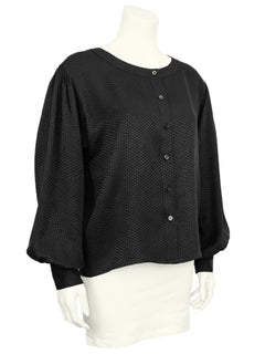 1980s Yves Saint Laurent/YSL Black Silk Jacquard Polka Dot Blouse