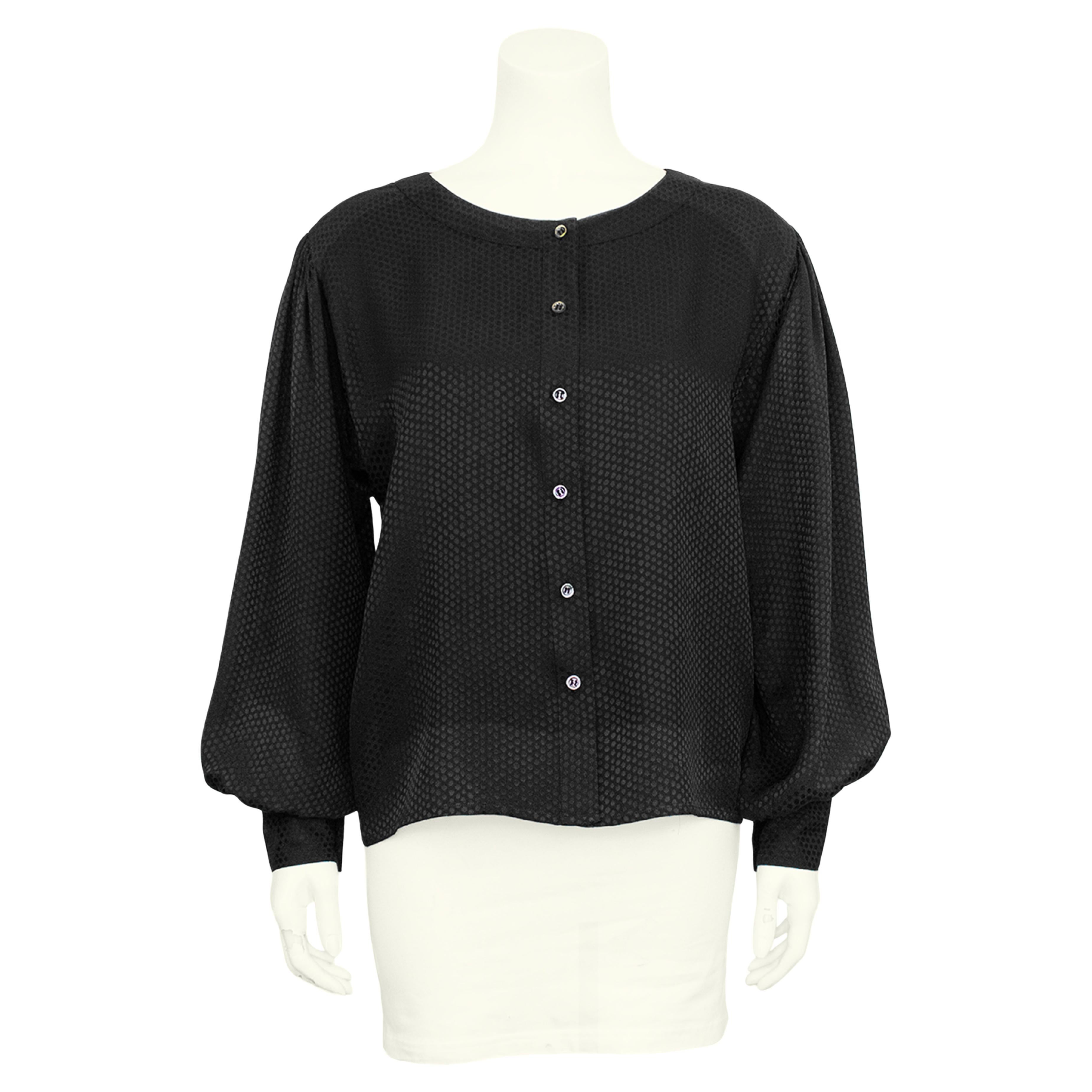 1980s Yves Saint Laurent/YSL Black Silk Jacquard Polka Dot Blouse For Sale