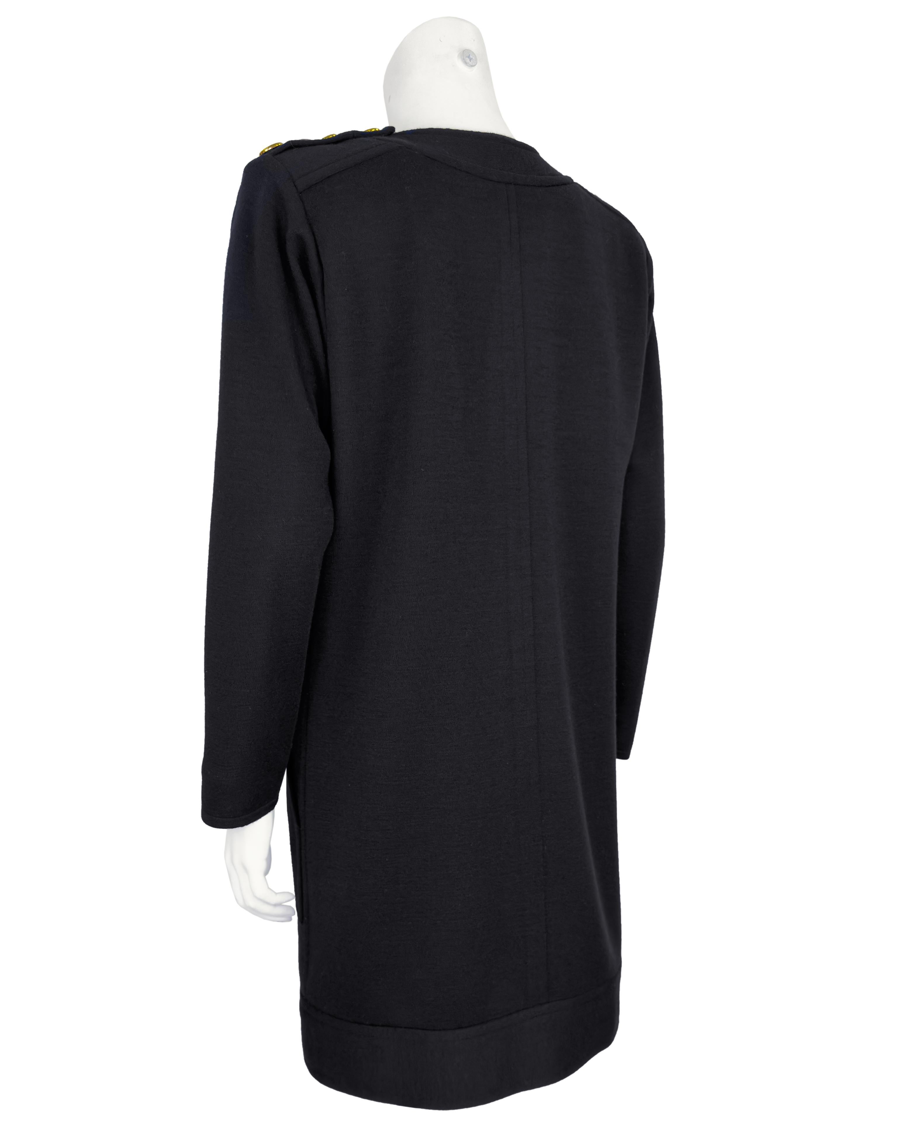 1980s Yves Saint Laurent/YSL Black Wool Shift Dress with Gold Shoulder Buttons In Good Condition For Sale In Toronto, Ontario