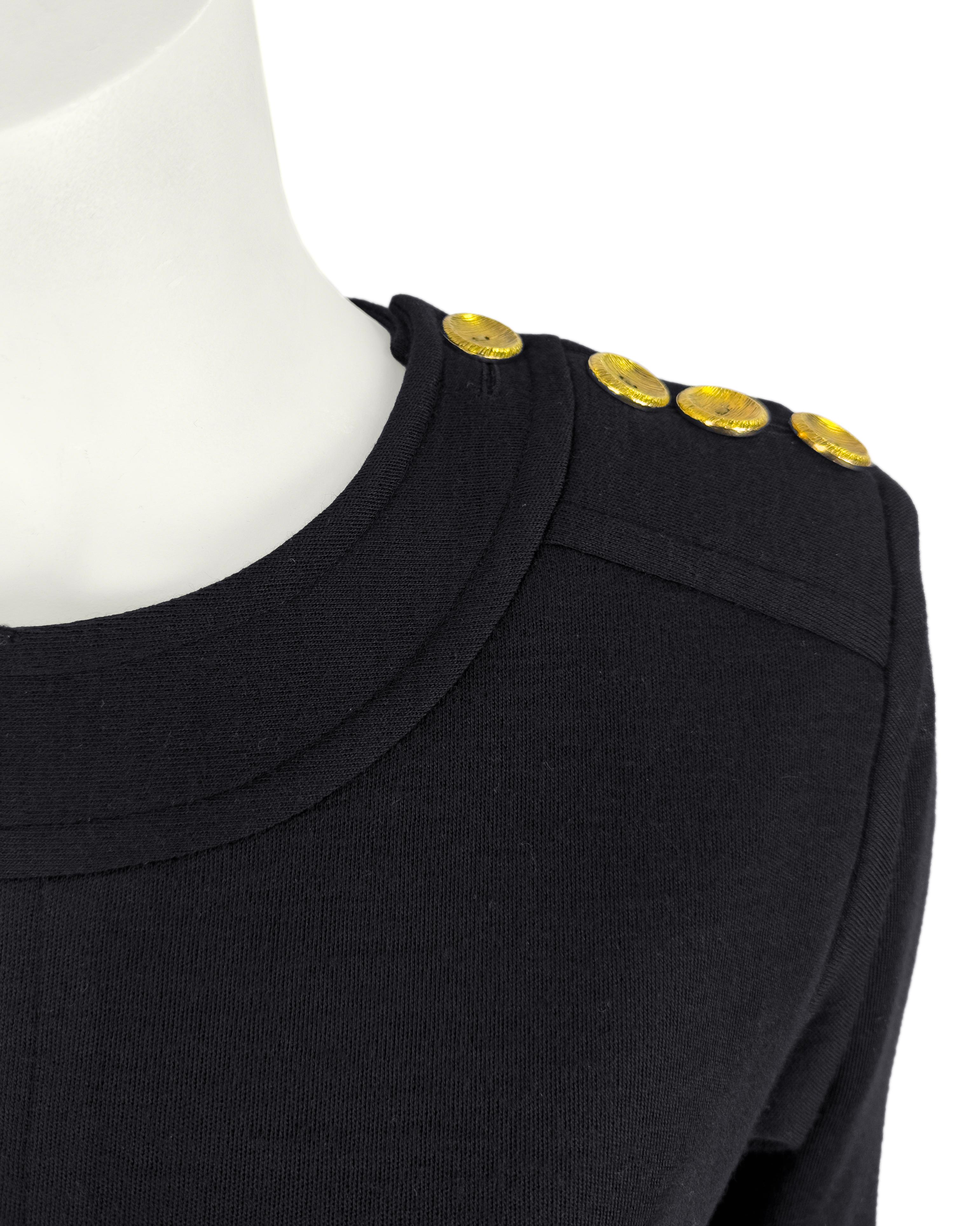 1980s Yves Saint Laurent/YSL Black Wool Shift Dress with Gold Shoulder Buttons For Sale 1