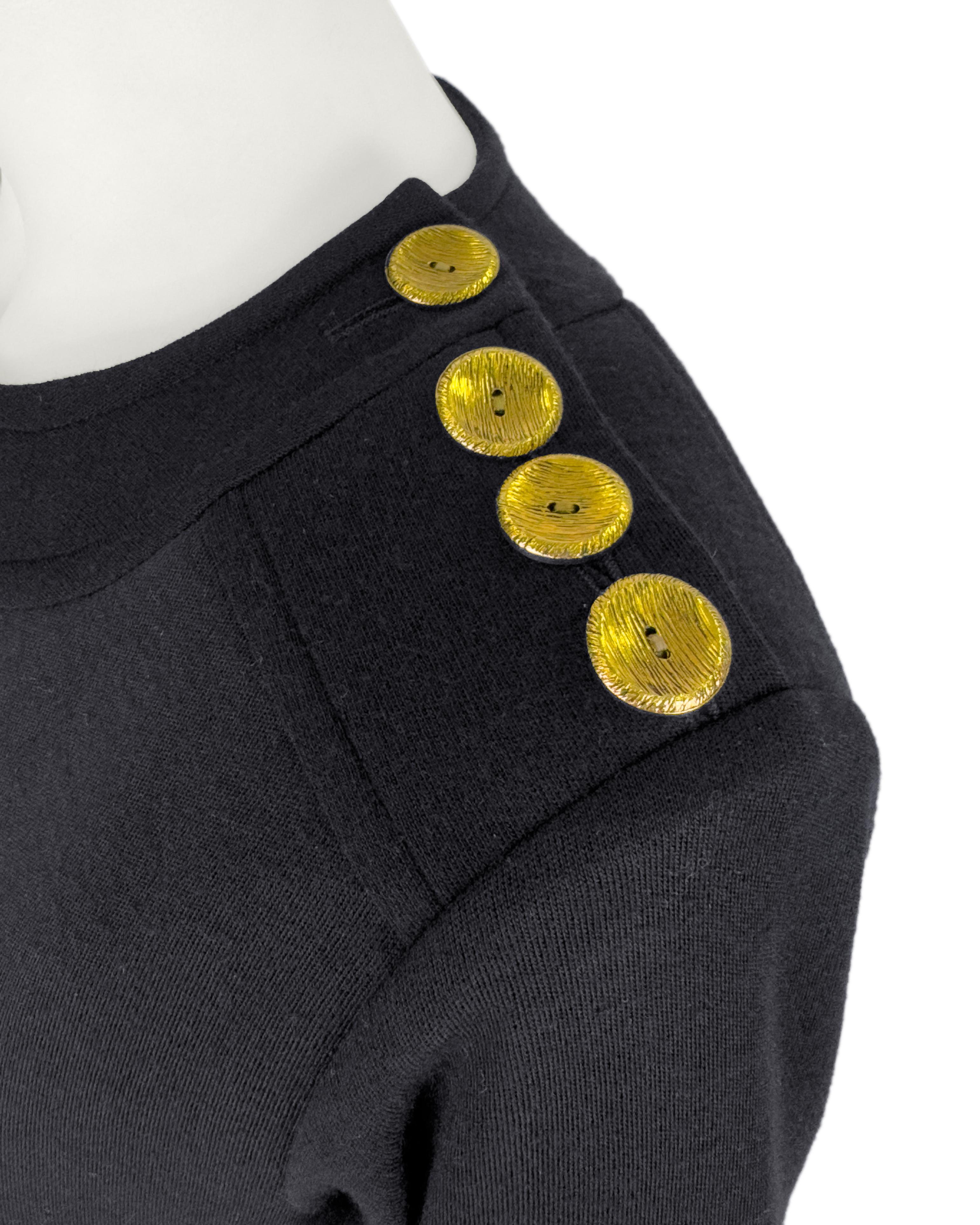 1980s Yves Saint Laurent/YSL Black Wool Shift Dress with Gold Shoulder Buttons For Sale 2