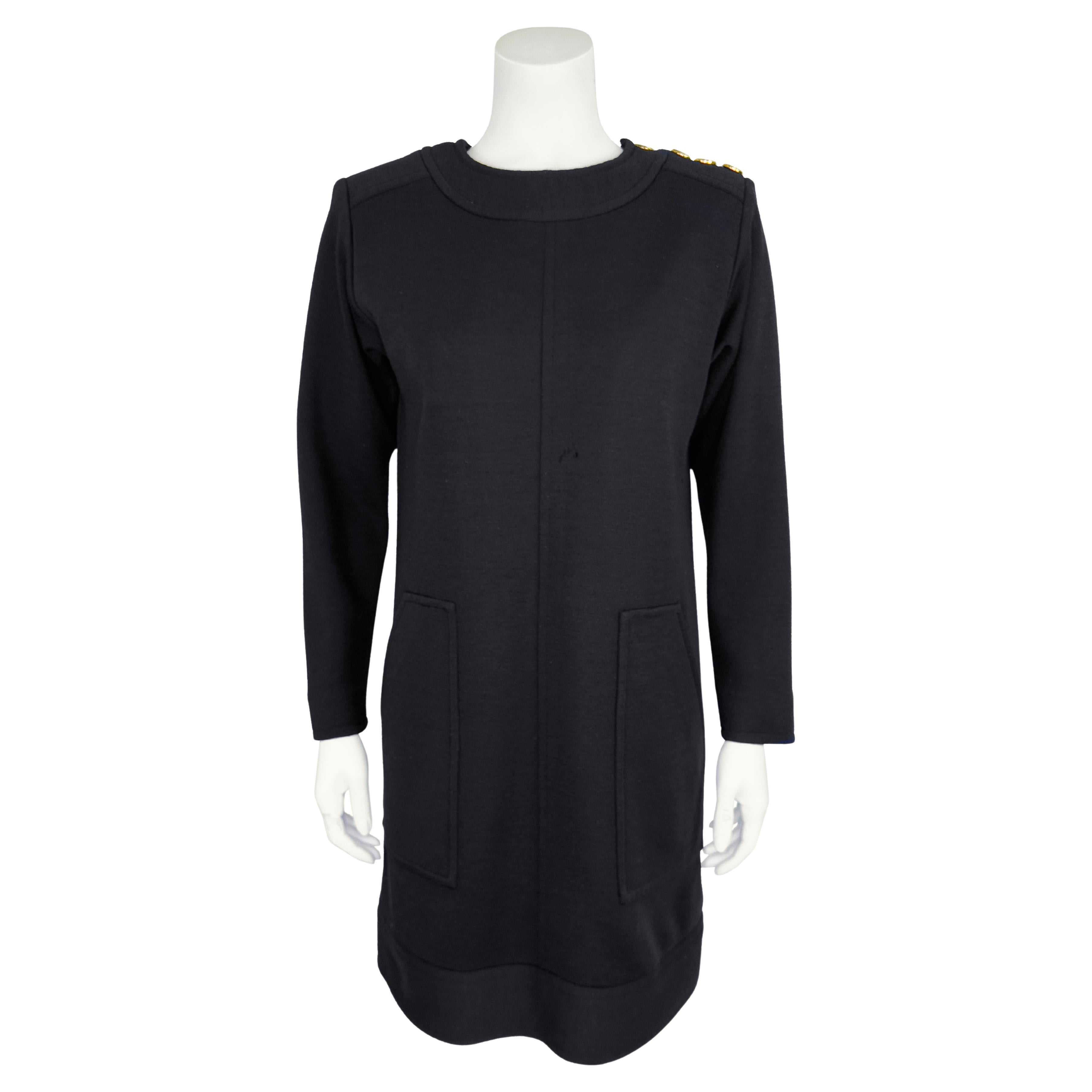 1980s Yves Saint Laurent/YSL Black Wool Shift Dress with Gold Shoulder Buttons For Sale