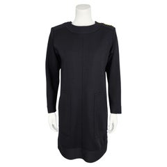 1980s Yves Saint Laurent/YSL Black Wool Shift Dress with Gold Shoulder Buttons