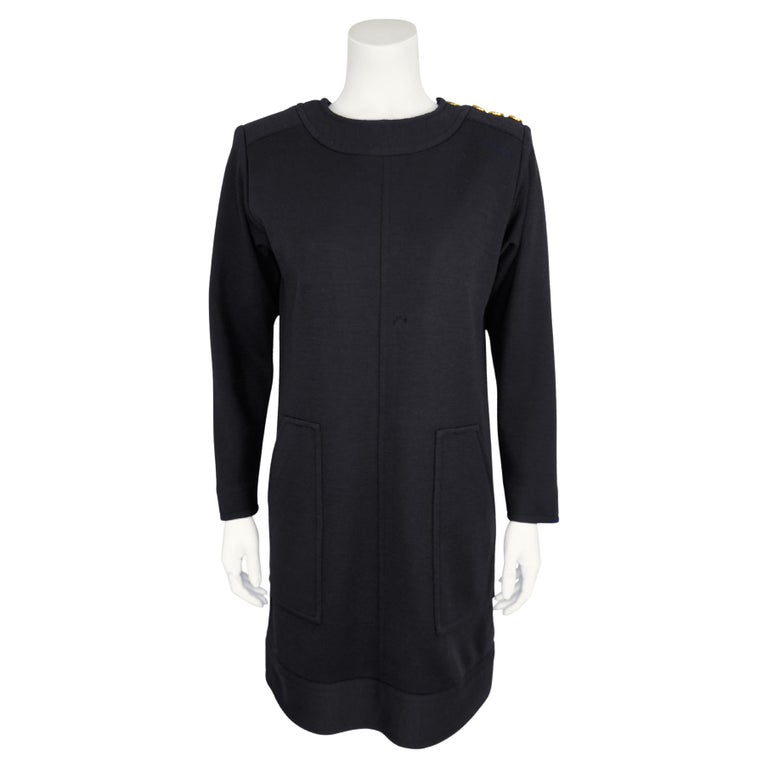 1980s Yves Saint Laurent/YSL Black Wool Shift Dress with Gold Shoulder  Buttons For Sale at 1stDibs