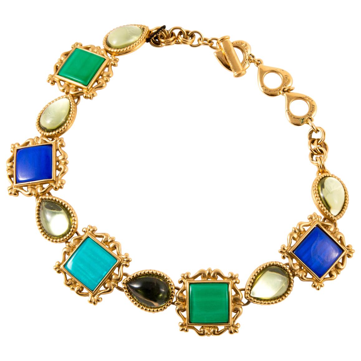  1980s Yves Saint Laurent  YSL Gold Tone Multicolor Stones Necklace   